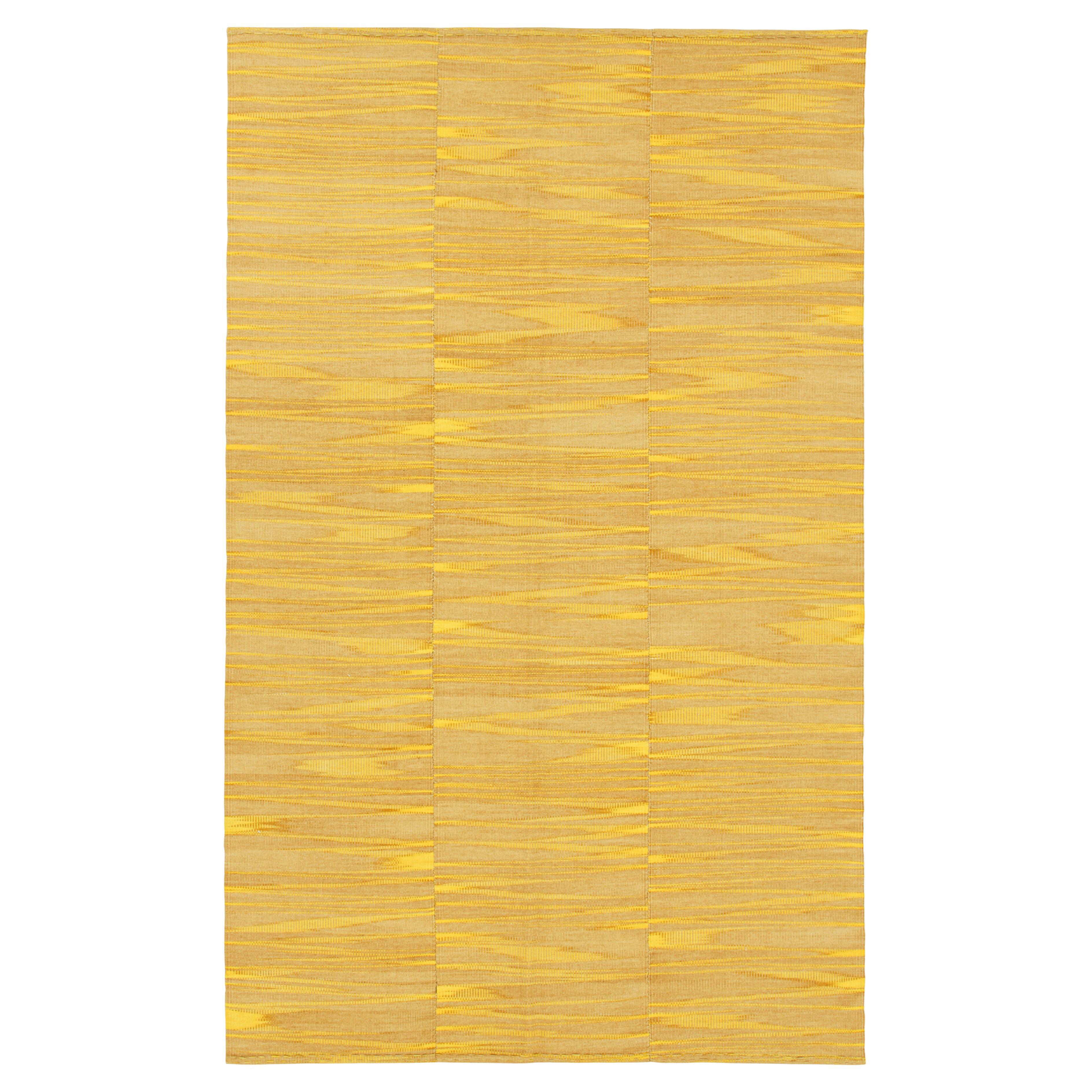 Rug & Kilim’s Contemporary Kilim in Yellow and Beige-Brown Stripes and Geometry For Sale