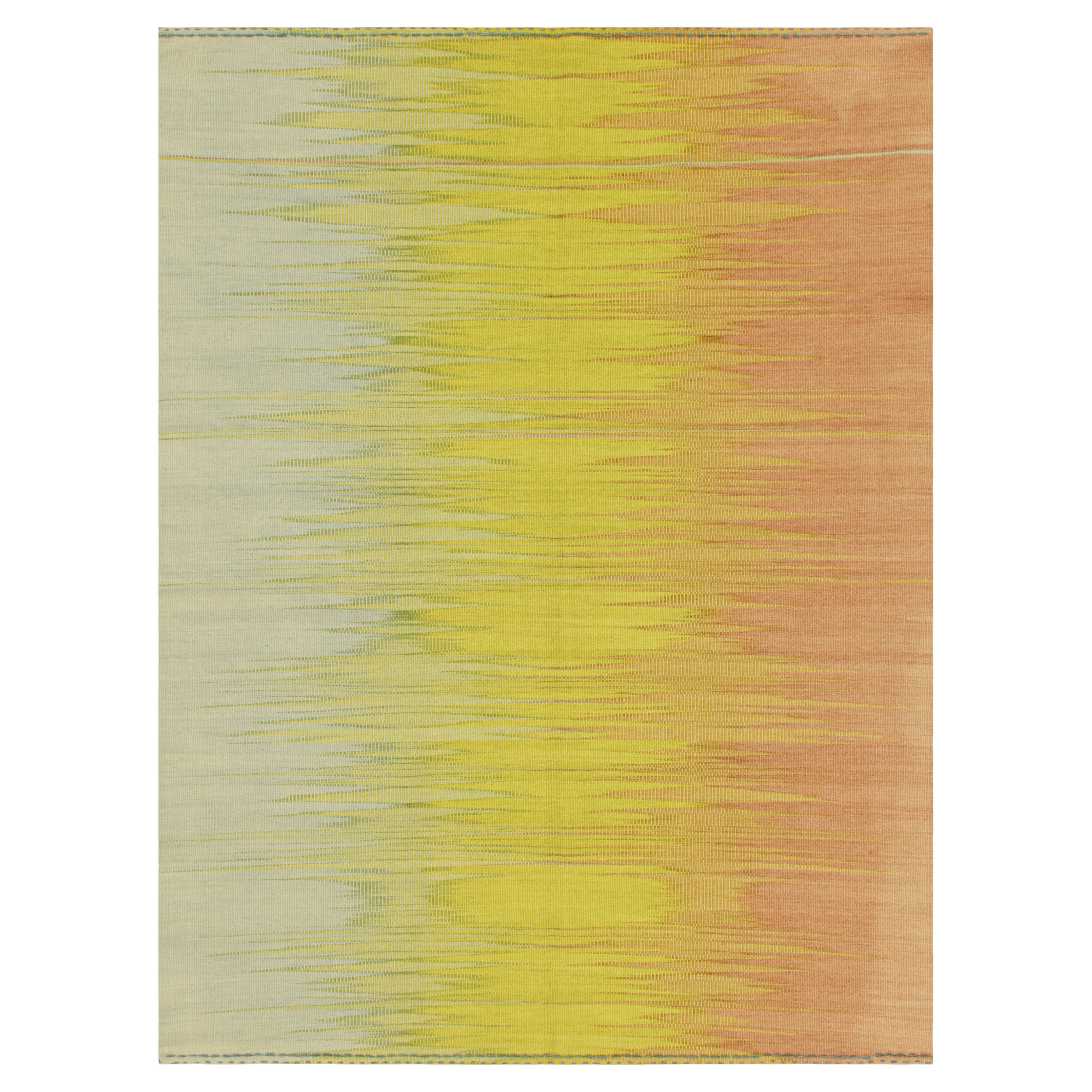 Rug & Kilim's Contemporary Kilim in Gelb, Blau und Rosa Streifen und Mustern