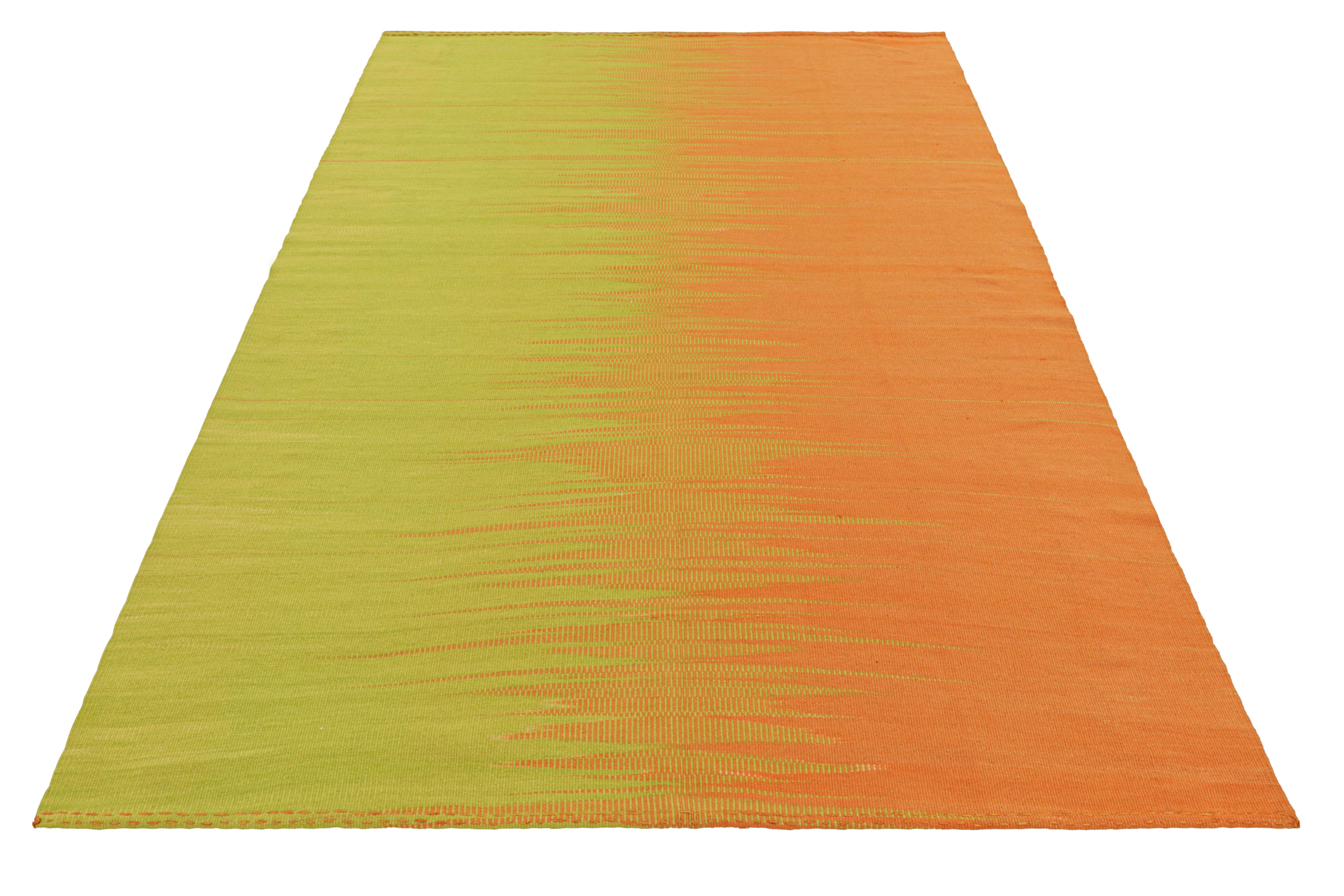 Tissé à la main en laine, ce kilim 6x9 est issu d'une nouvelle collection contemporaine inventive à tissage plat de Rug & Kilim.

Sur le Design : 

Cette version moderne du tissage de panneaux classique présente un jeu fabuleux et unique de rayures