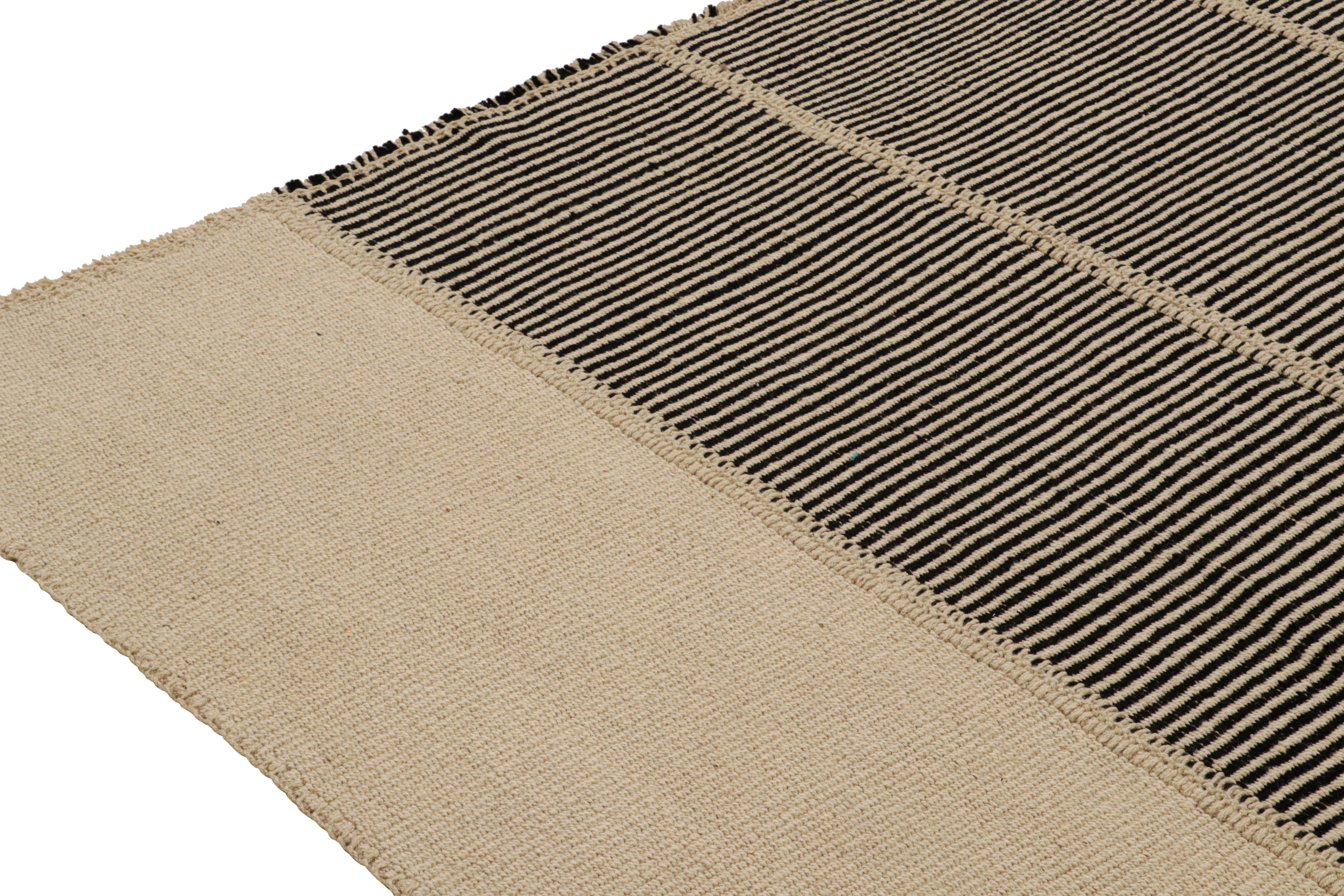 Hand-Knotted Rug & Kilim’s Contemporary Kilim Rug in Beige and Black Stripes For Sale