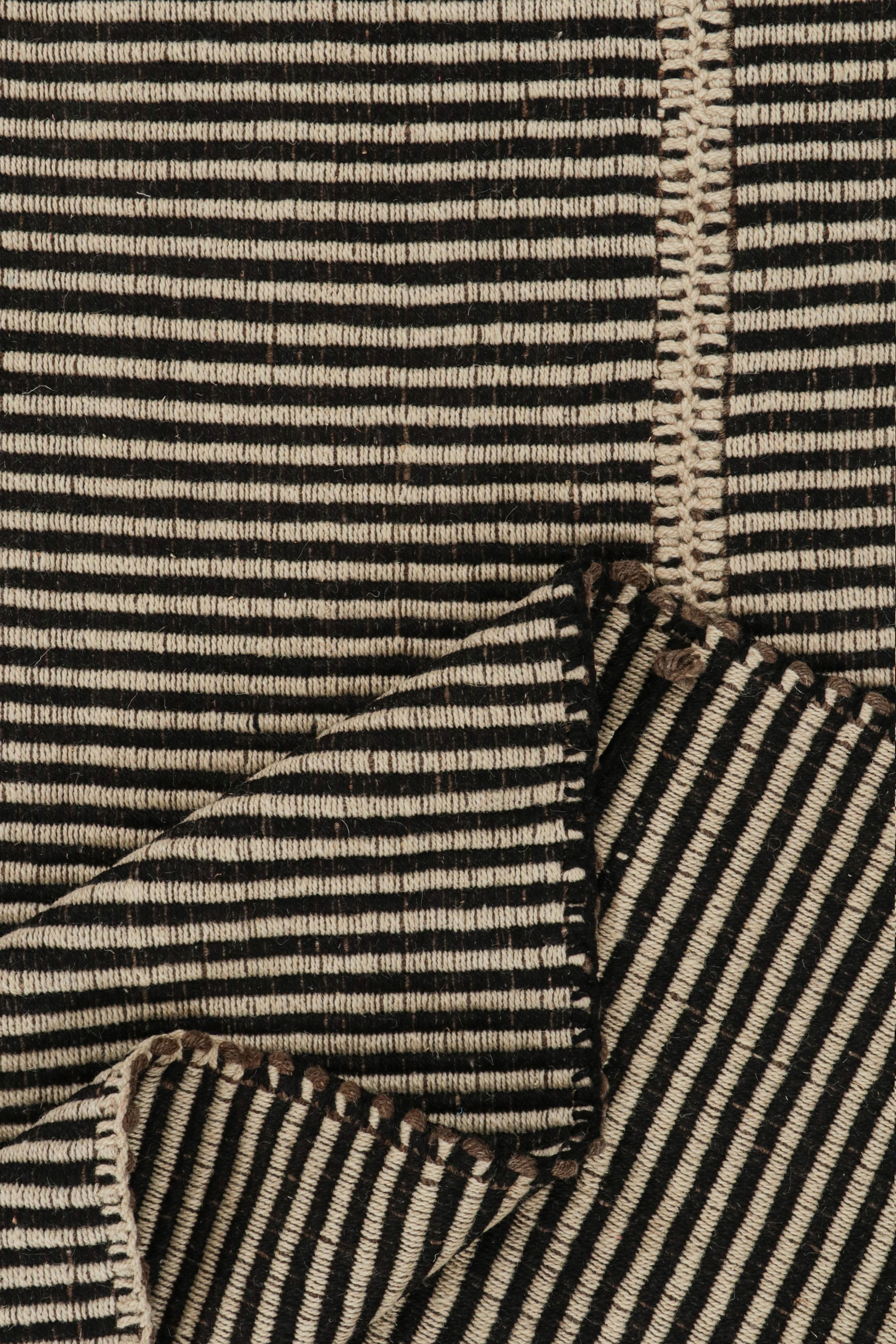 Wool Rug & Kilim’s Contemporary Kilim Rug in Beige and Black Stripes For Sale