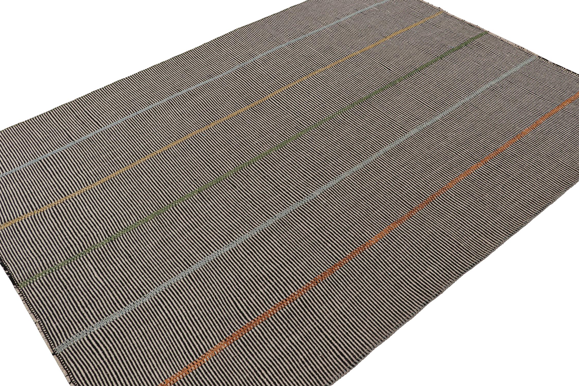 Modern Rug & Kilim’s Contemporary Kilim Rug in Beige and Black with Multicolor Stripes For Sale