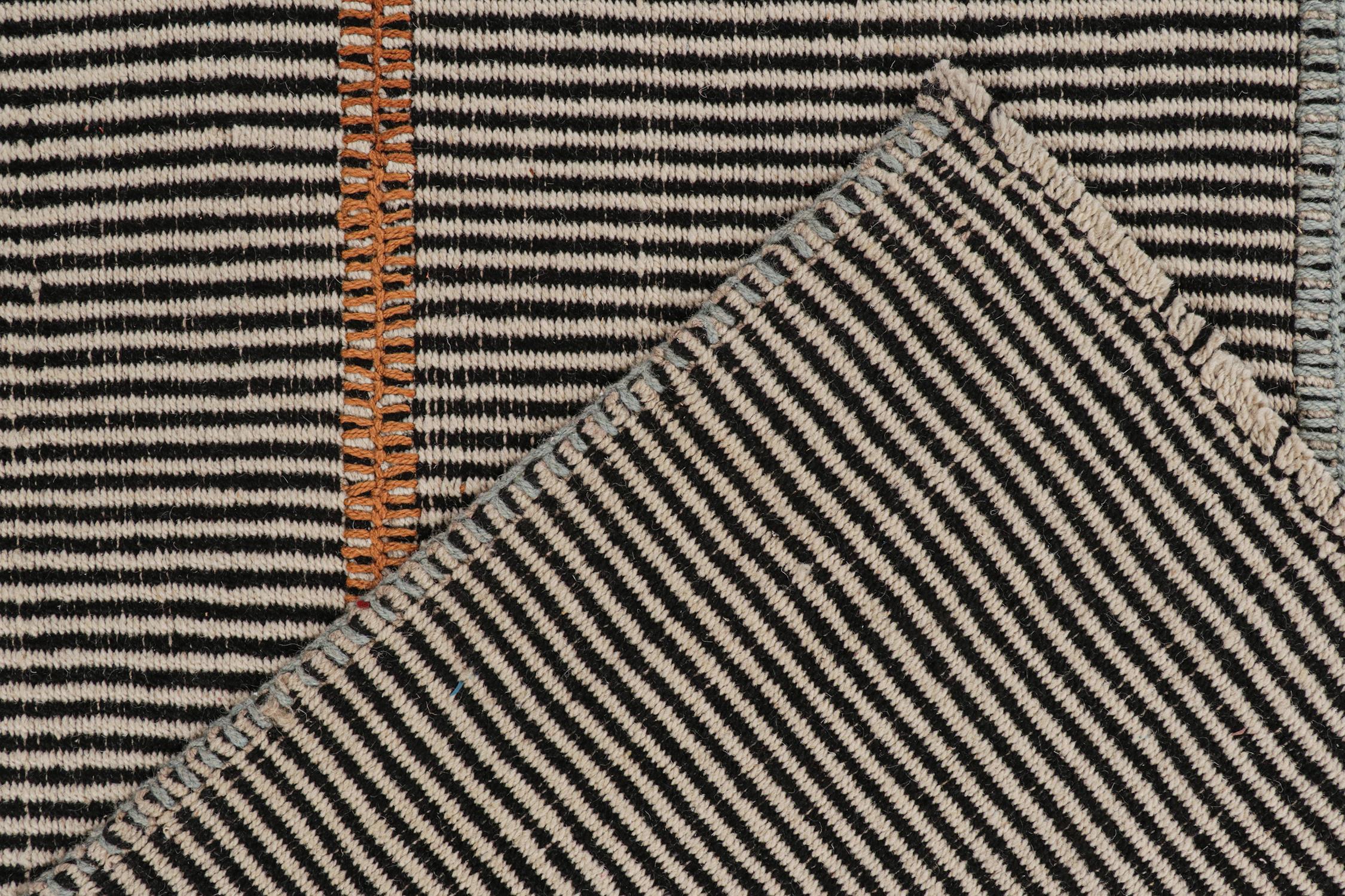 Wool Rug & Kilim’s Contemporary Kilim Rug in Beige and Black with Multicolor Stripes For Sale