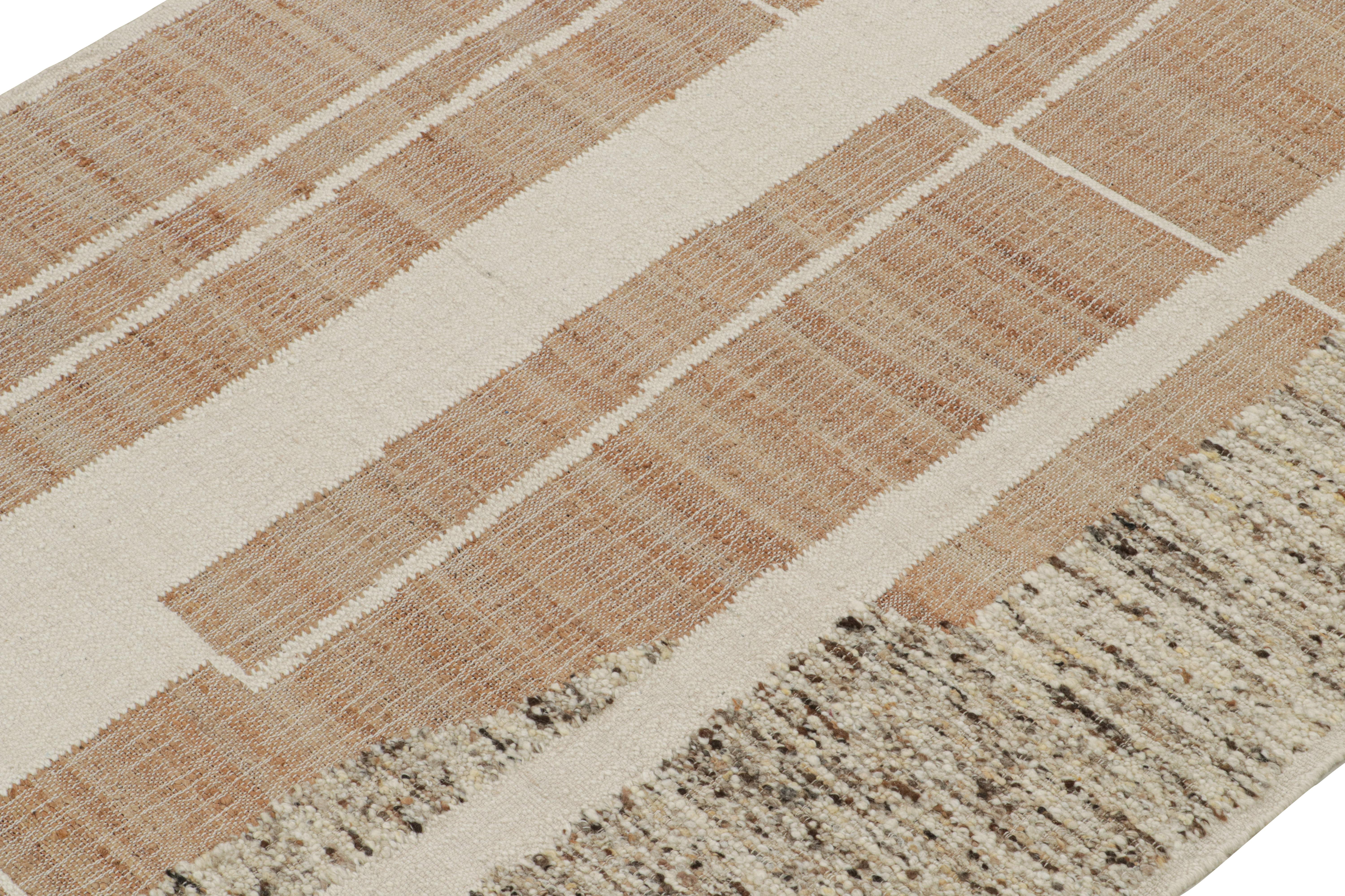 Indian Rug & Kilim’s Contemporary kilim rug in Beige-Brown & White Abstract Pattern For Sale