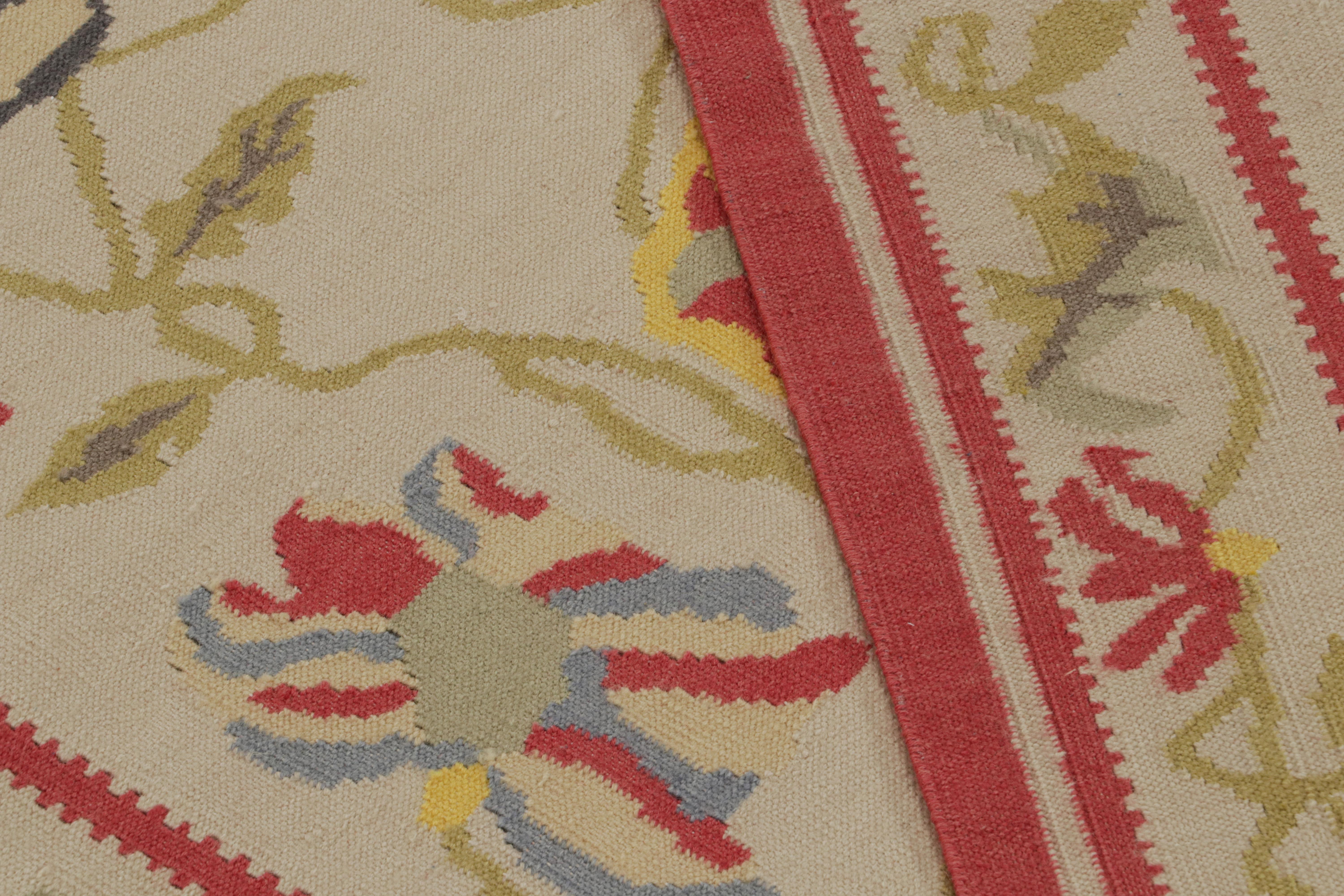 Wool Rug & Kilim’s Contemporary Kilim Rug in Beige with Green and Red Floral Patterns For Sale