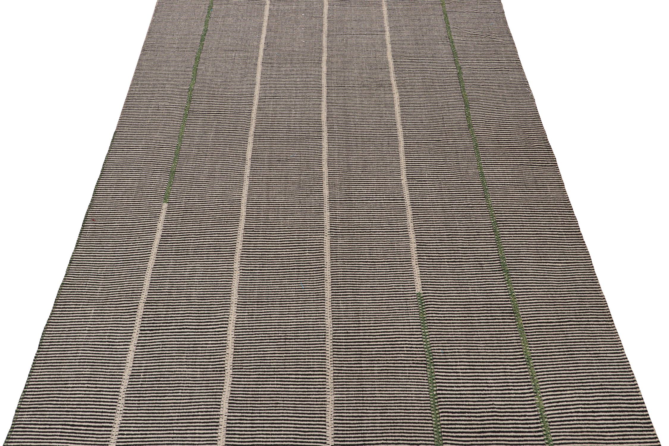 Modern Rug & Kilim’s Contemporary Kilim Rug in Black, Beige and Green Stripes For Sale