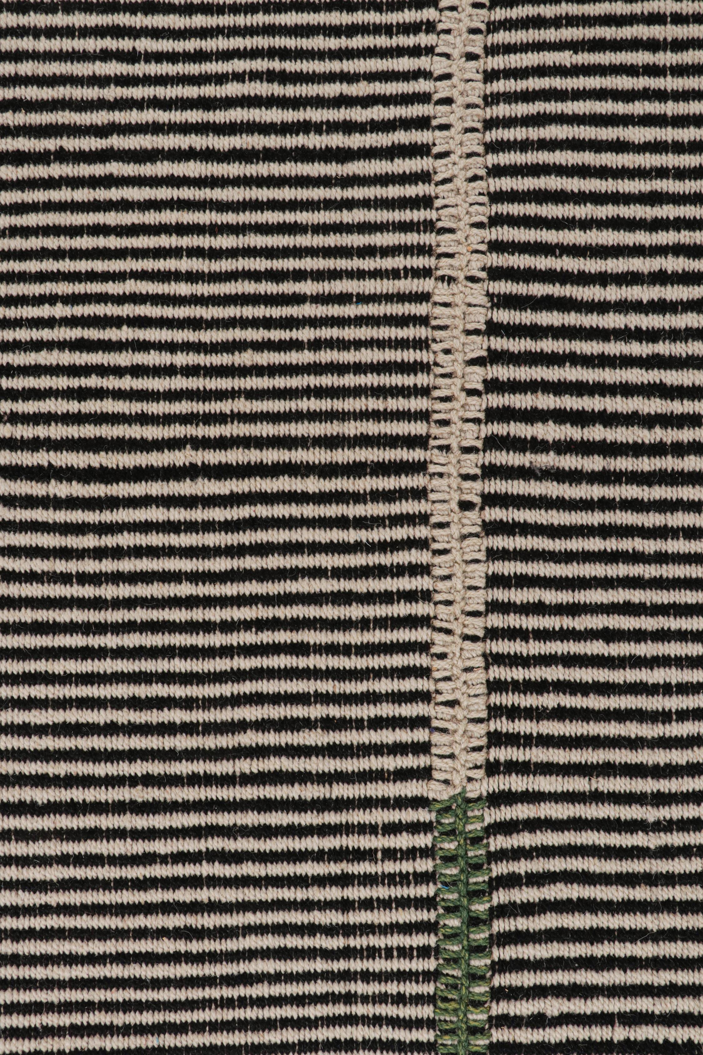 Rug & Kilim’s Contemporary Kilim Rug in Black, Beige and Green Stripes In New Condition For Sale In Long Island City, NY