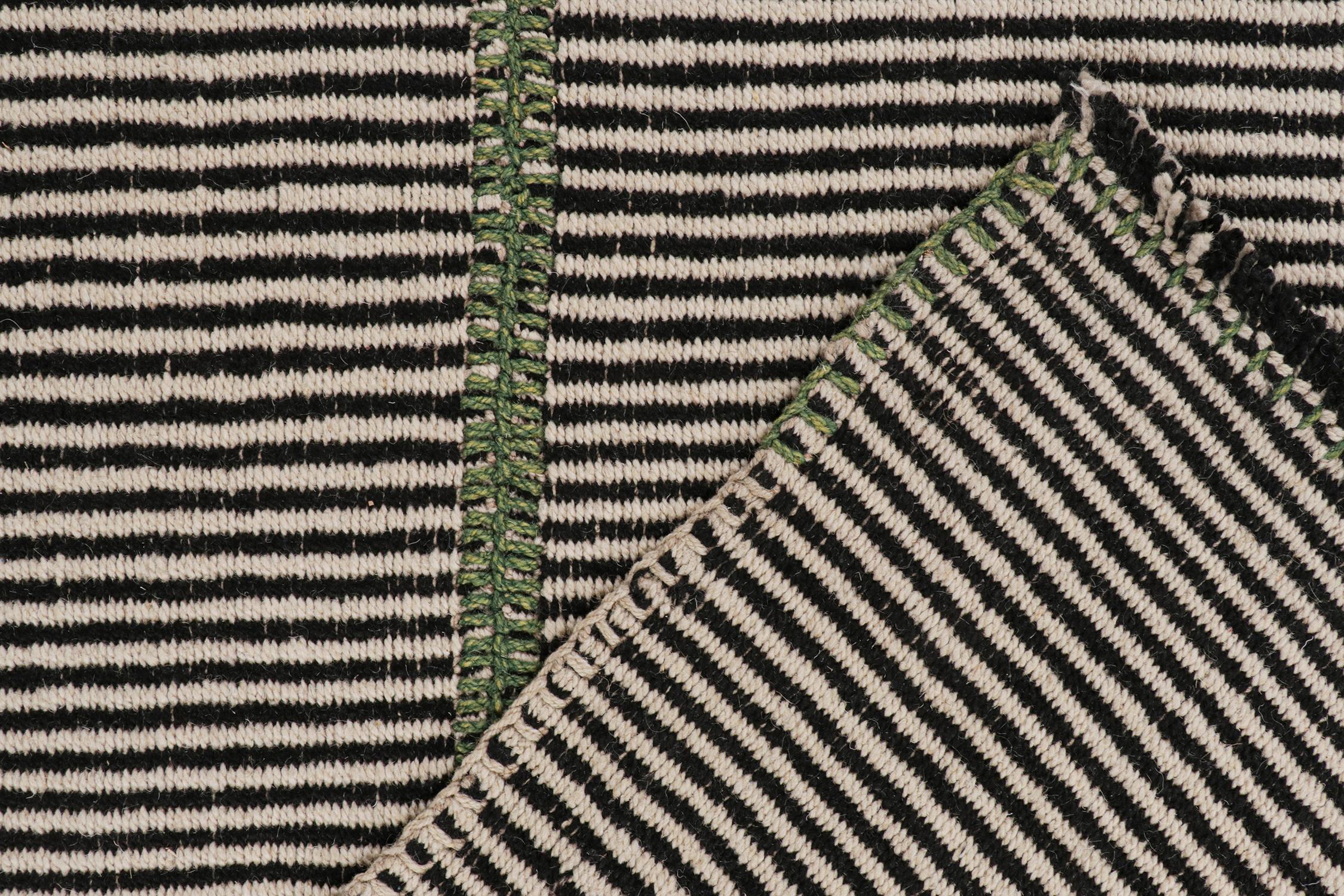 Wool Rug & Kilim’s Contemporary Kilim Rug in Black, Beige and Green Stripes For Sale
