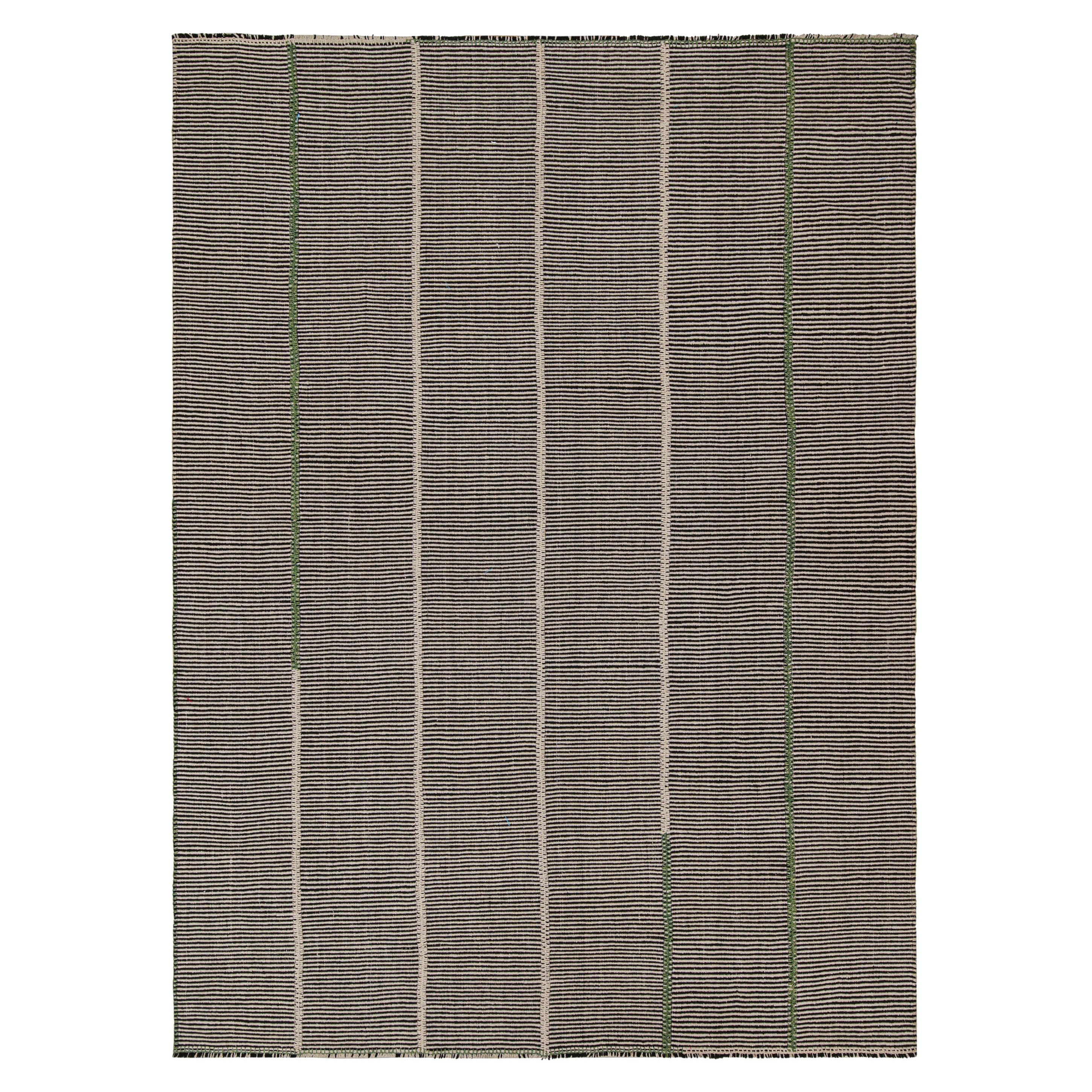 Rug & Kilim’s Contemporary Kilim Rug in Black, Beige and Green Stripes