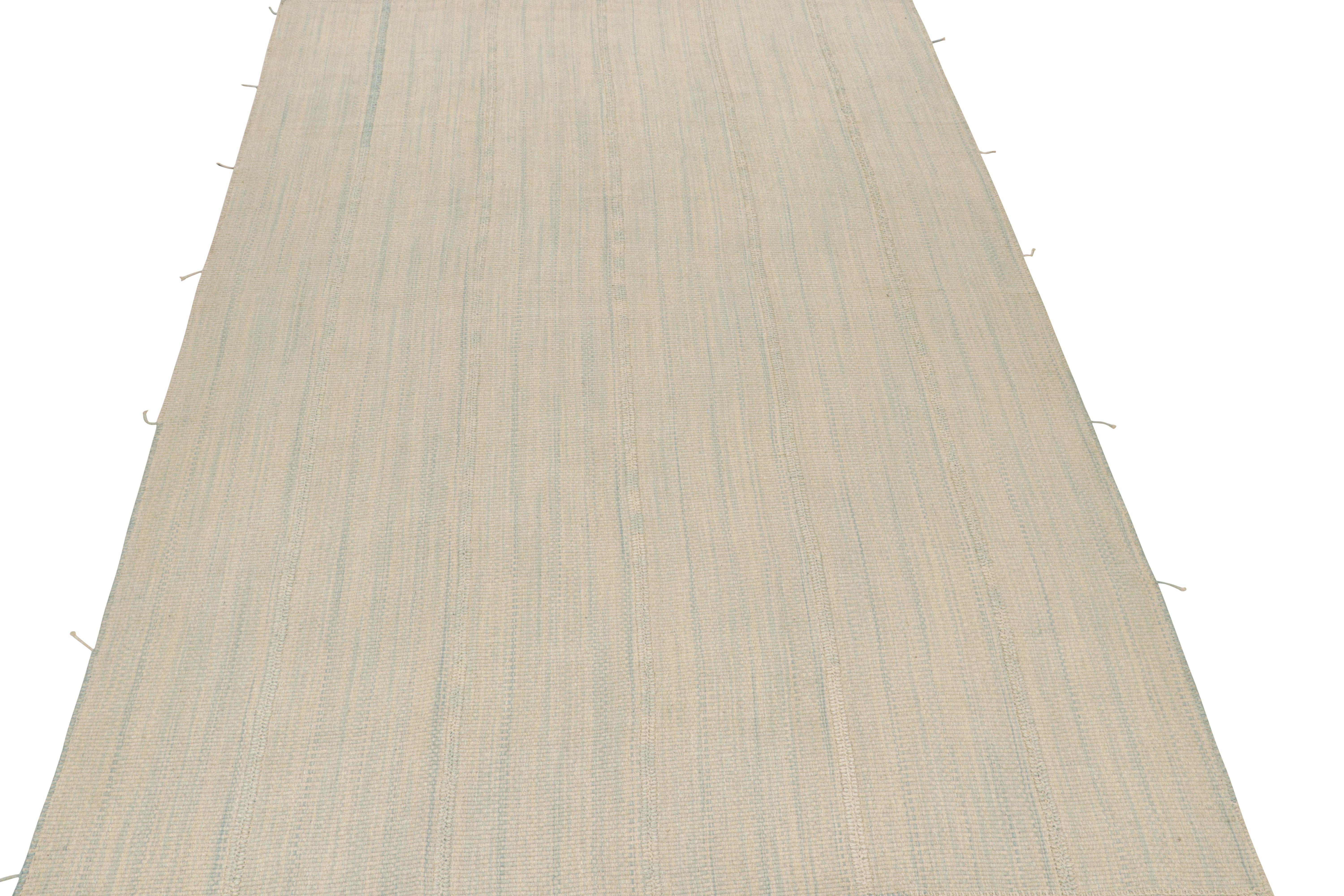 Handwoven in wool, this 10x14 Kilim is from a bold new line of contemporary flatweaves by Rug & Kilim.

Further On the Design:

The “Rez Kilim” connotes a modern take on classic panel weaving. This particular rug enjoys stripes and striae in sky