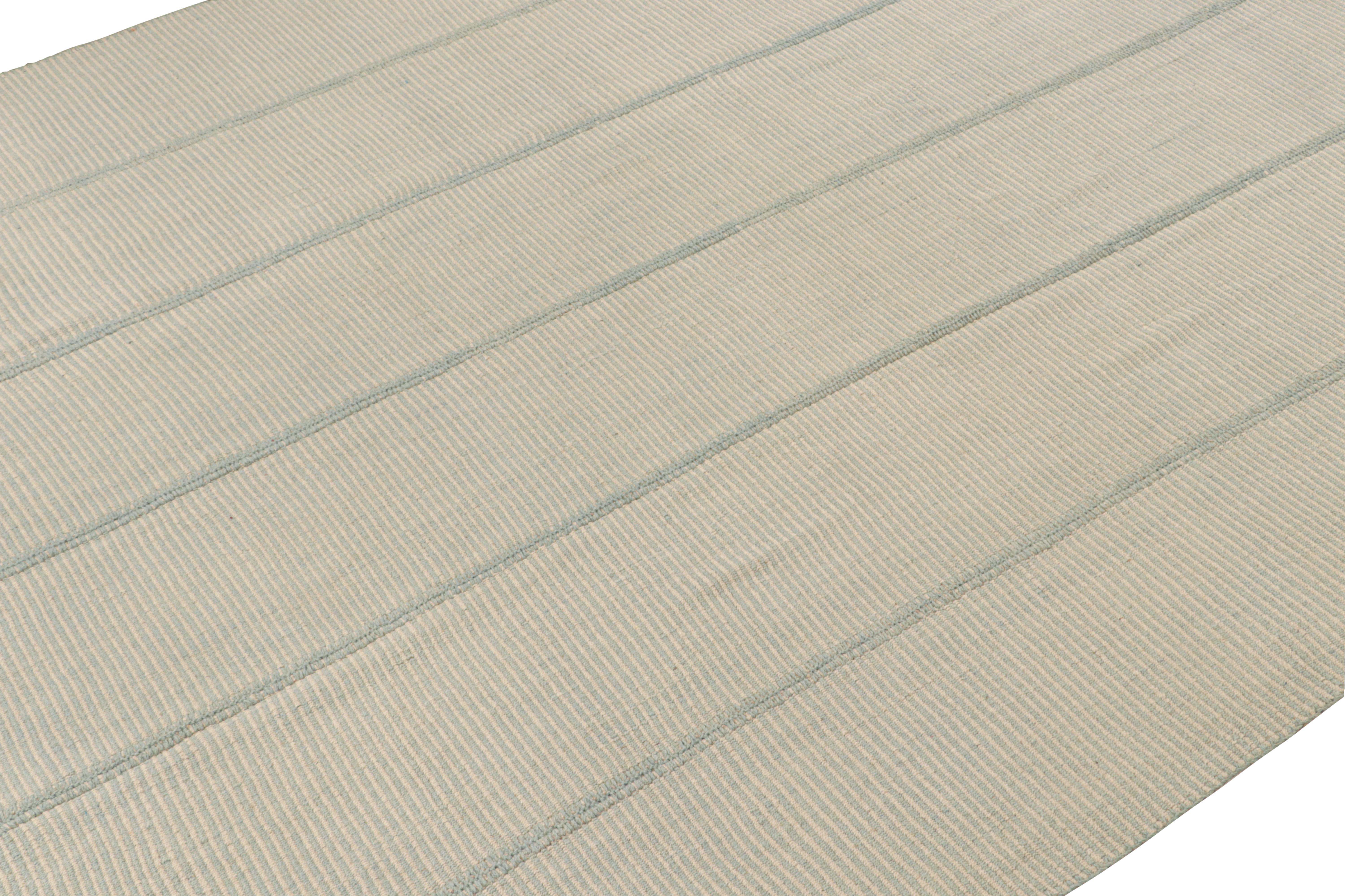 Persian Rug & Kilim’s Contemporary Kilim Rug in Blue and Beige Stripes For Sale