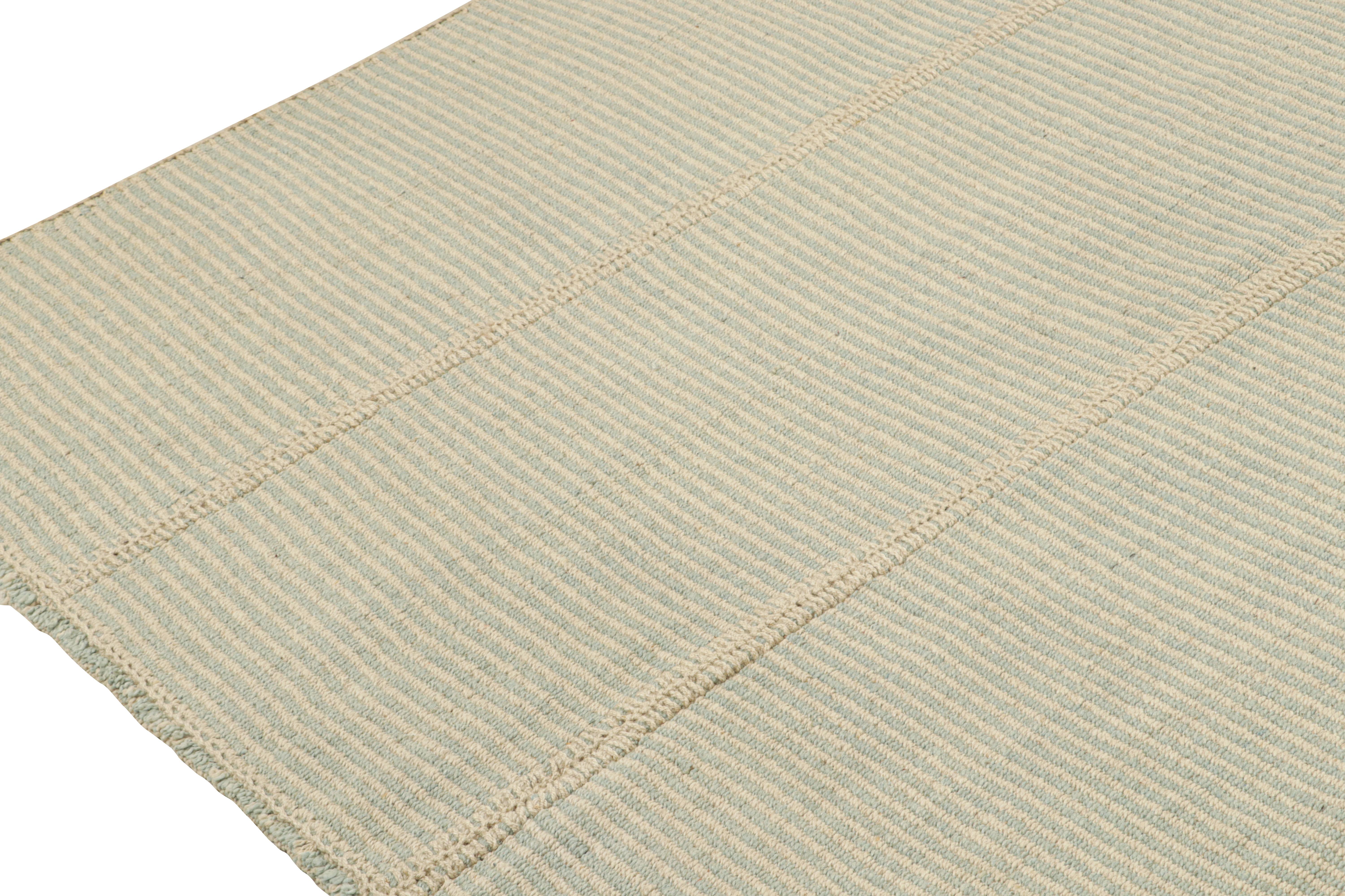 Hand-Knotted Rug & Kilim’s Contemporary Kilim Rug in Blue and Beige Stripes For Sale