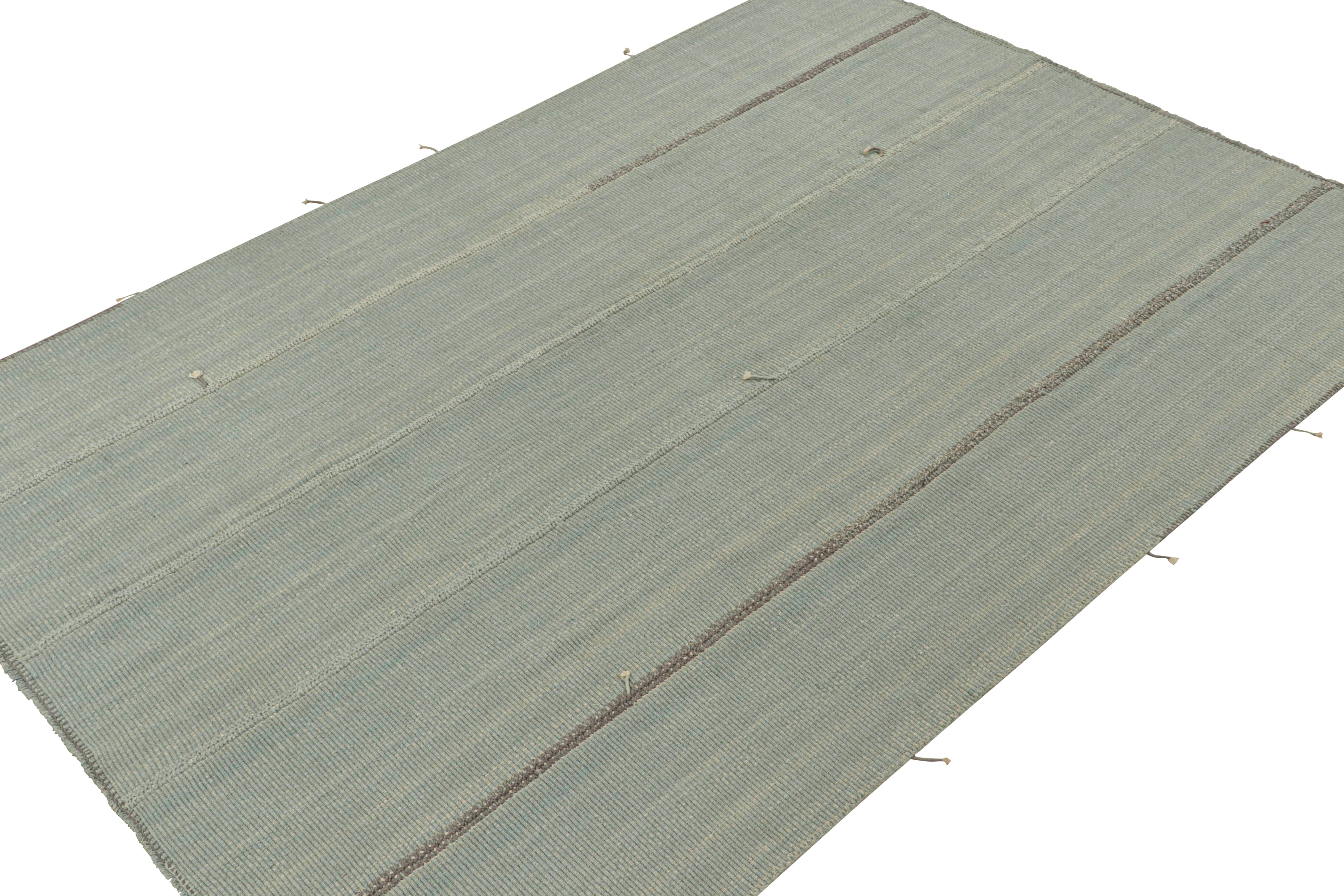 Modern Rug & Kilim’s Contemporary Kilim Rug in Blue with Gray Stripes and Brown Accents For Sale