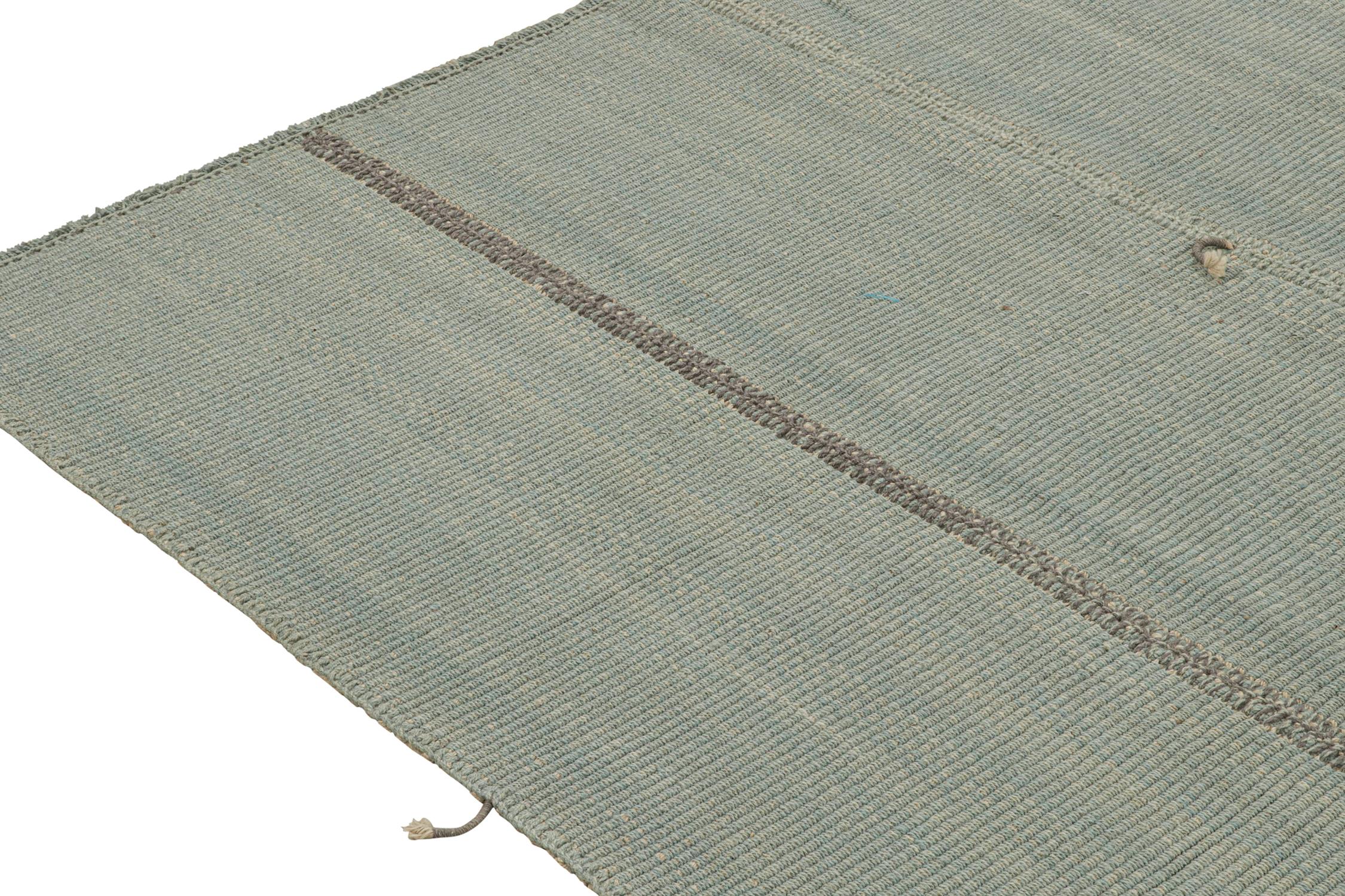 Hand-Knotted Rug & Kilim’s Contemporary Kilim Rug in Blue with Gray Stripes and Brown Accents For Sale
