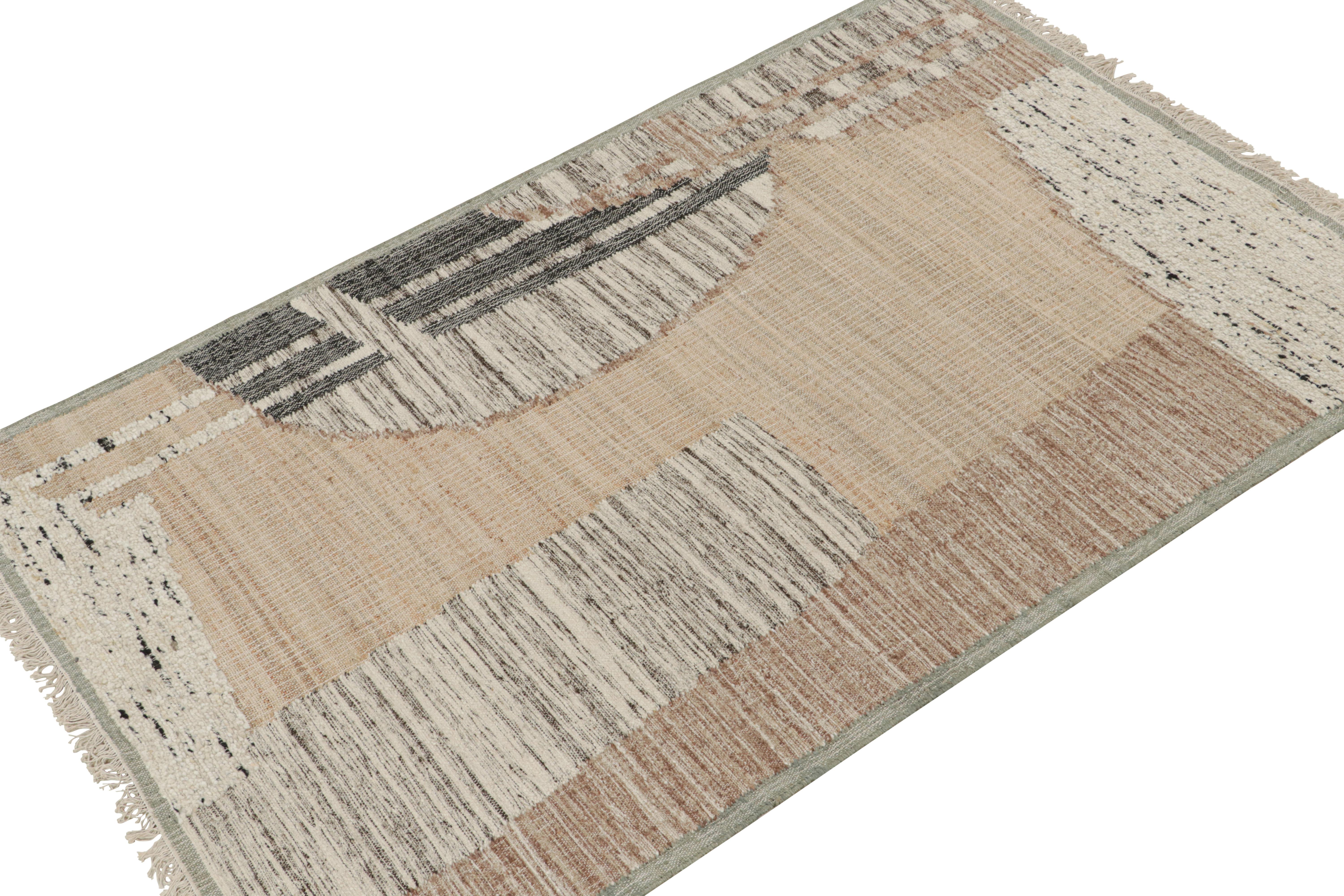 Dieses handgewebte Stück (5x8) aus Wolle und Jute ist ein großartiger Neuzugang in der modernen Flachgewebekollektion von Rug & Kilim.

Über das Design: 

Der Kelimteppich trägt ein abstraktes Muster in Braun, Weiß und Schwarz. Die Ästhetik des