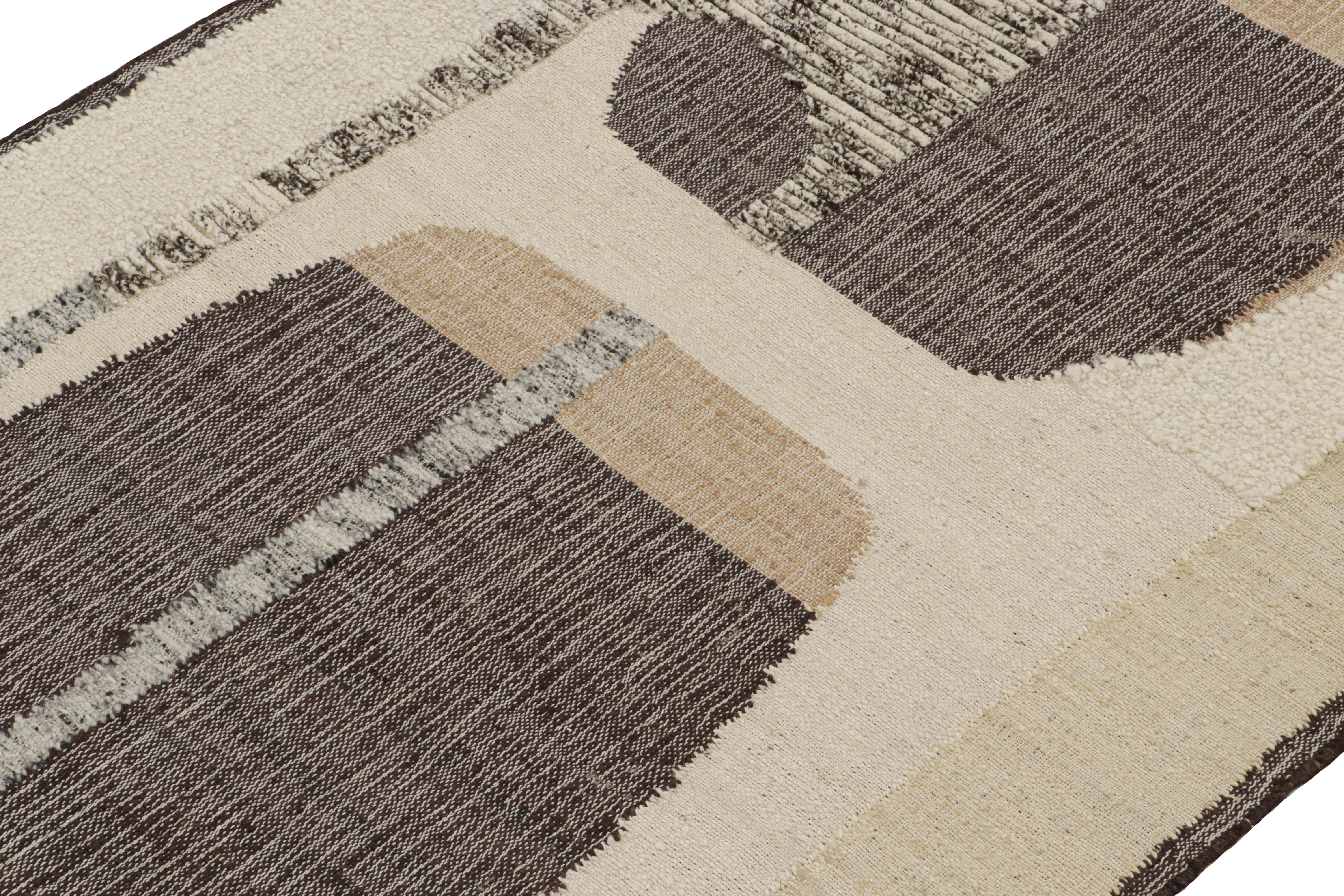 Indian Rug & Kilim’s Contemporary kilim rug in Brown, White & Black Abstract Pattern For Sale