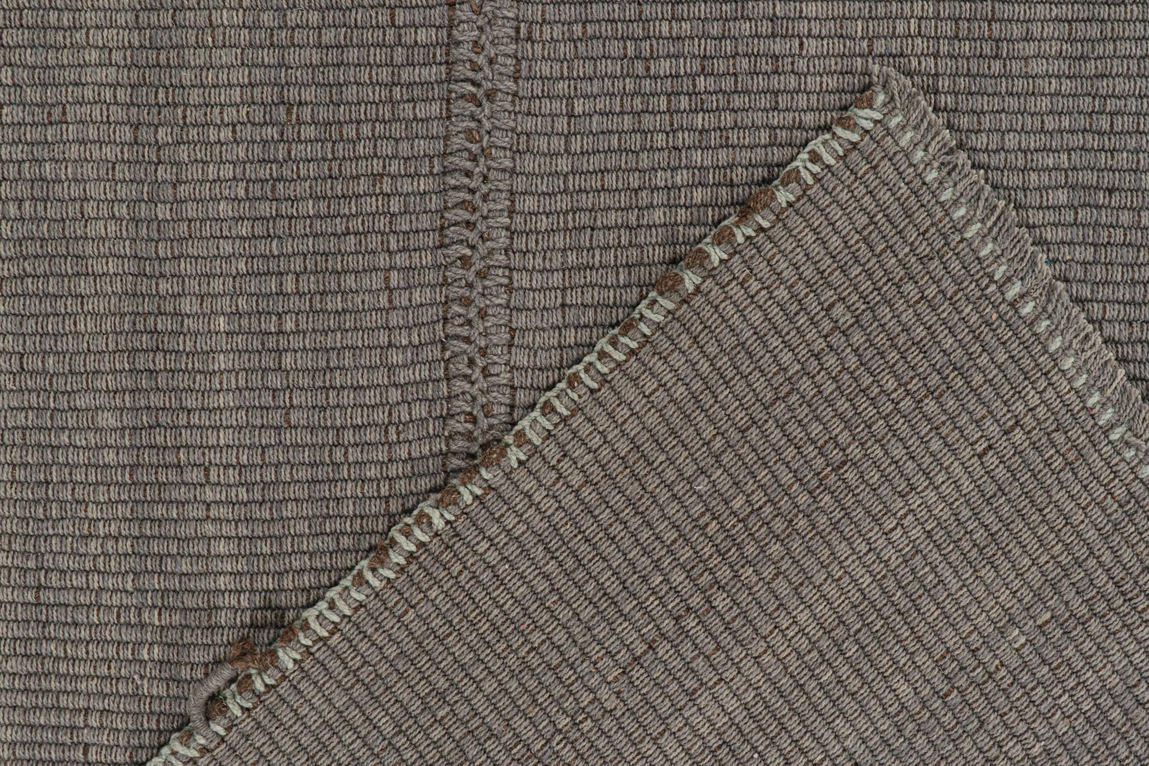 Wool Rug & Kilim’s Contemporary Kilim Rug in Gray with Blue Stripes and Brown Accents For Sale