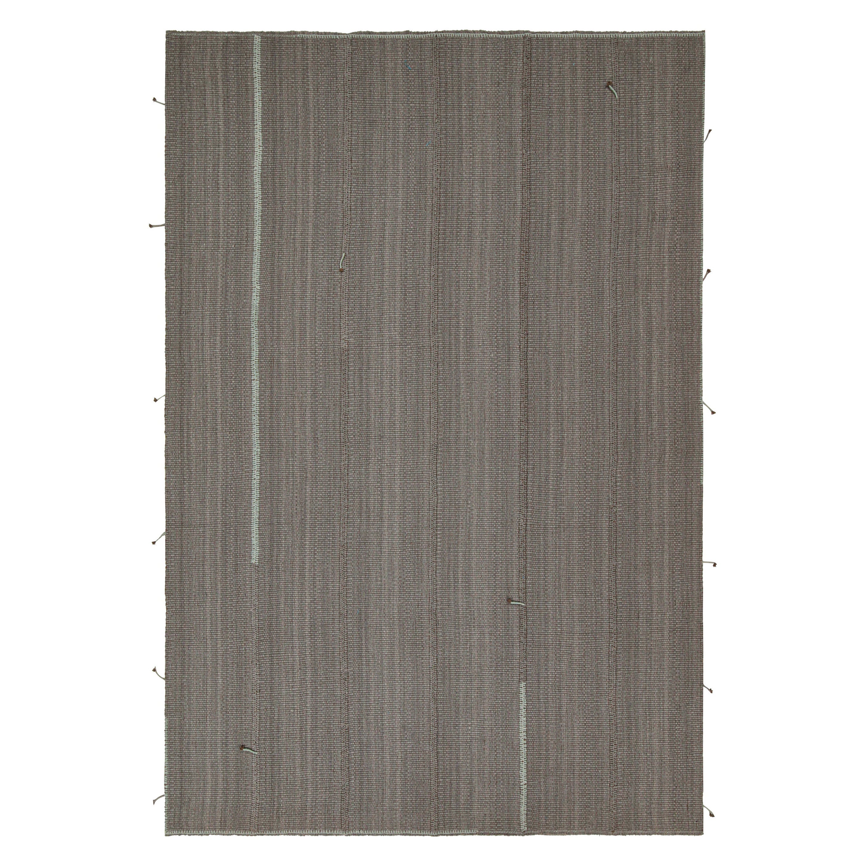 Rug 
Kilim’s Contemporary Kilim Rug in Gray with Blue Stripes and Brown Accents For Sale