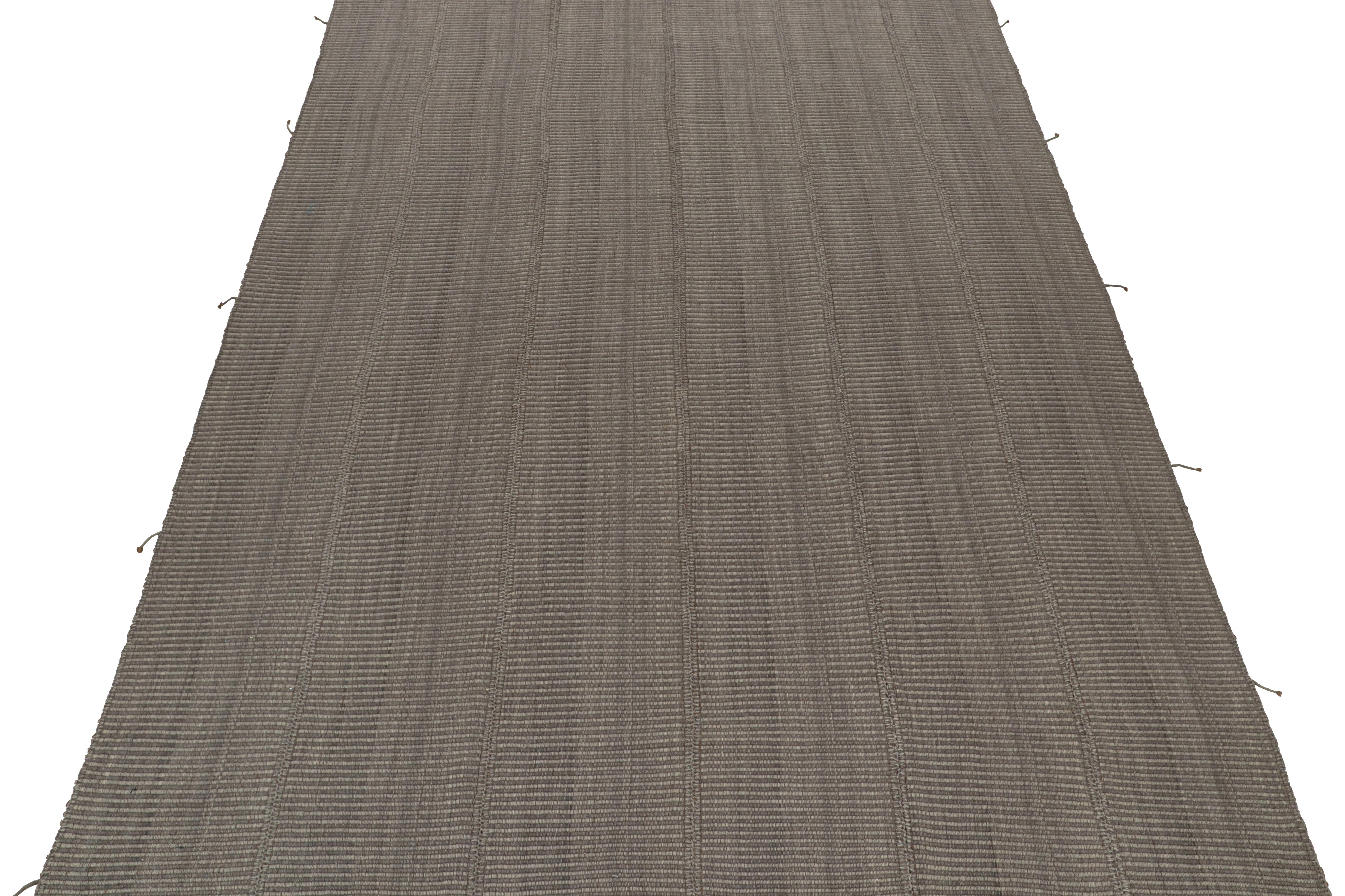Handwoven in wool, this 10x14 Kilim is from an exciting new line of contemporary flatweaves by Rug & Kilim.

Further On the Design:

The “Rez Kilim” connotes a modern take on classic panel weaving. This particular rug enjoys stripes and striae in