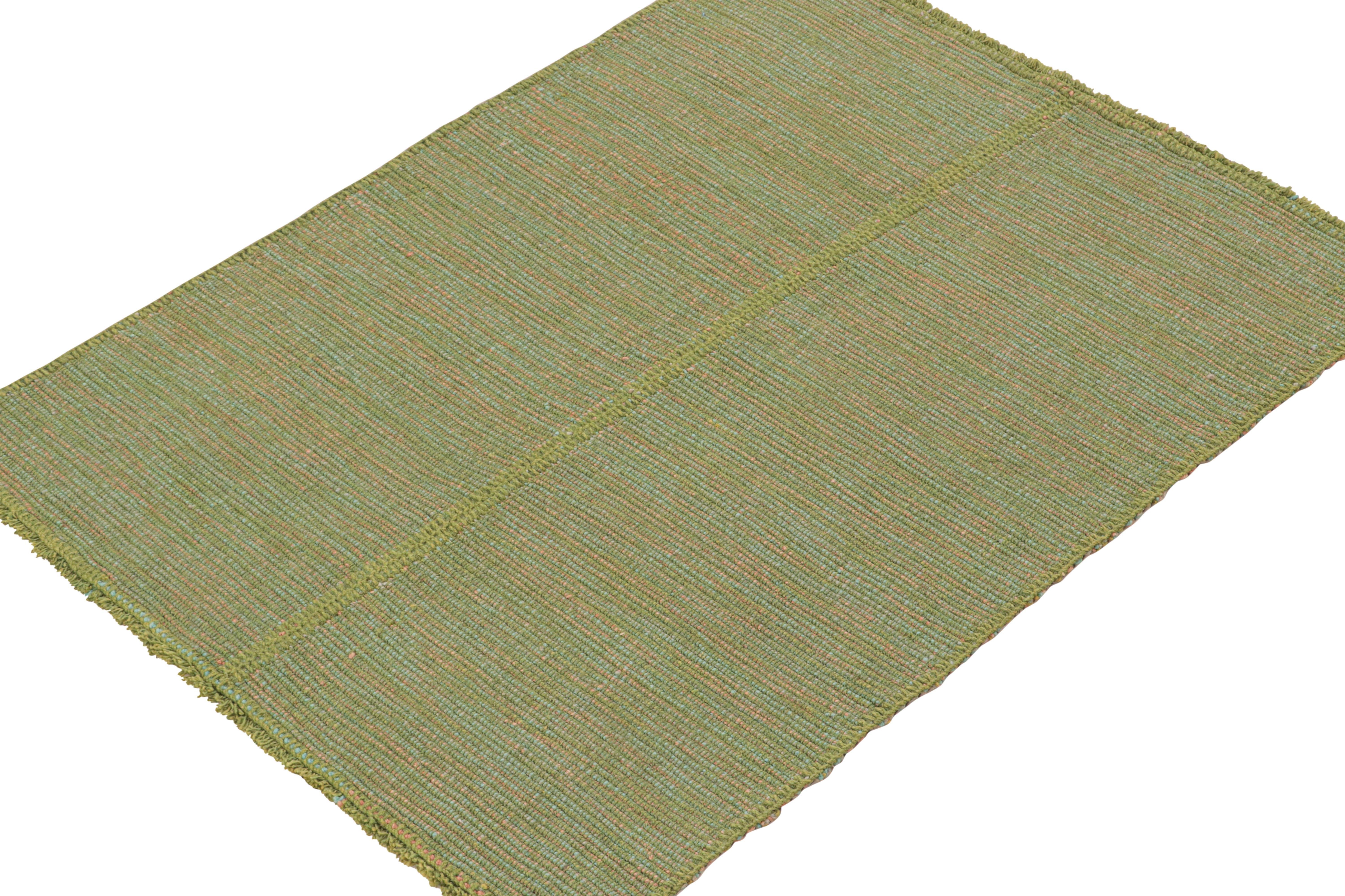 Handwoven in wool, this 4x5 Kilim is from a bold new line of contemporary flatweaves by Rug & Kilim.

Further On the Design:

The “Rez Kilim” connotes a modern take on classic panel weaving. This edition enjoys chartreuse green with teal and