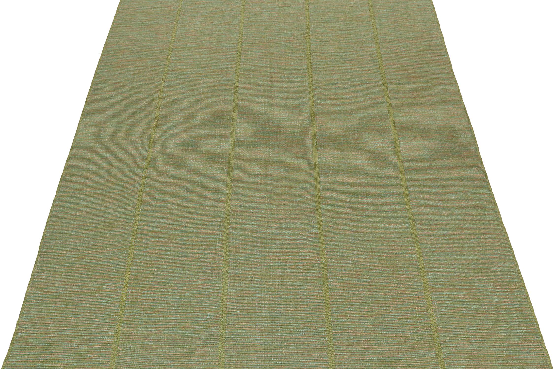 Handwoven in wool, this 9x12 Kilim is from a bold new line of contemporary flatweaves by Rug & Kilim.

Further On the Design:

The “Rez Kilim” connotes a modern take on Classic panel weaving. This edition enjoys chartreuse green with teal and