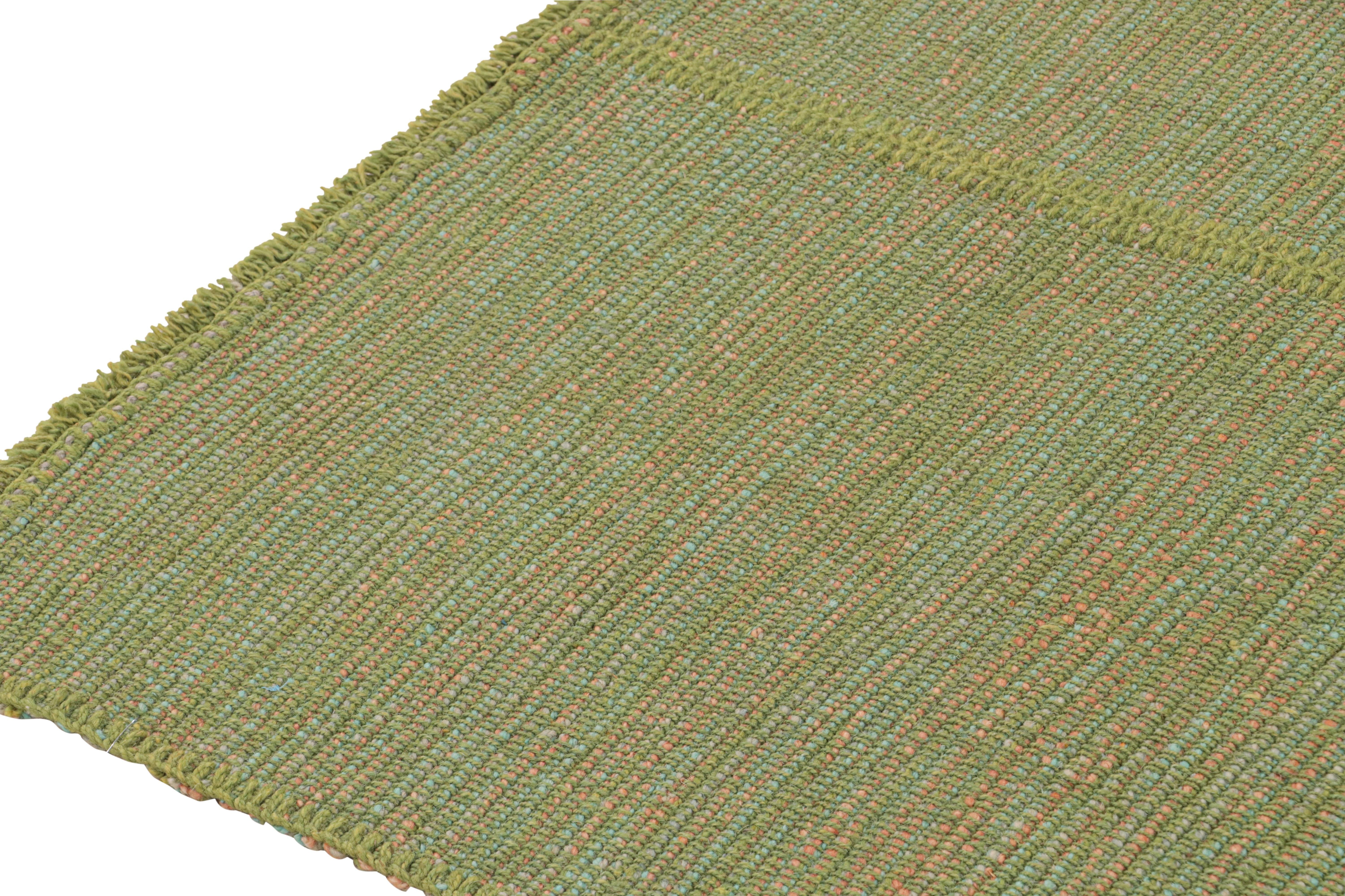 Hand-Knotted Rug & Kilim’s Contemporary Kilim Rug in Green with Teal and Pink Accents For Sale