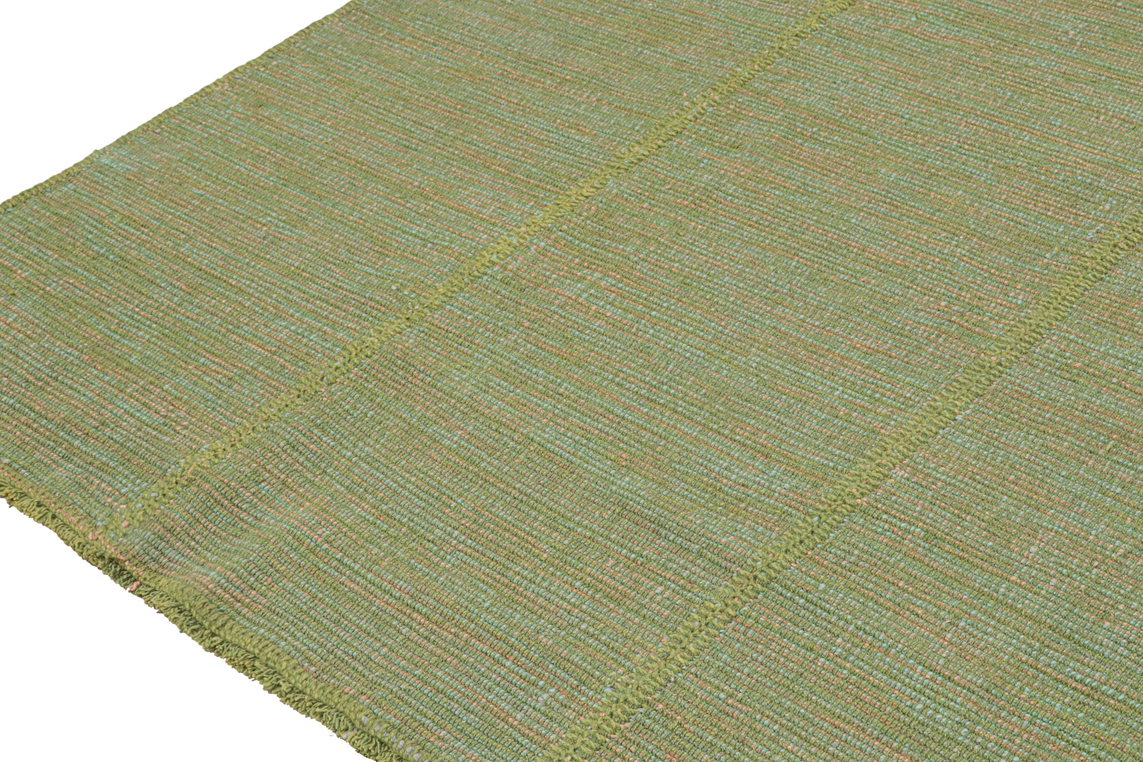Hand-Knotted Rug & Kilim’s Contemporary Kilim Rug in Green with Teal and Pink Accents For Sale