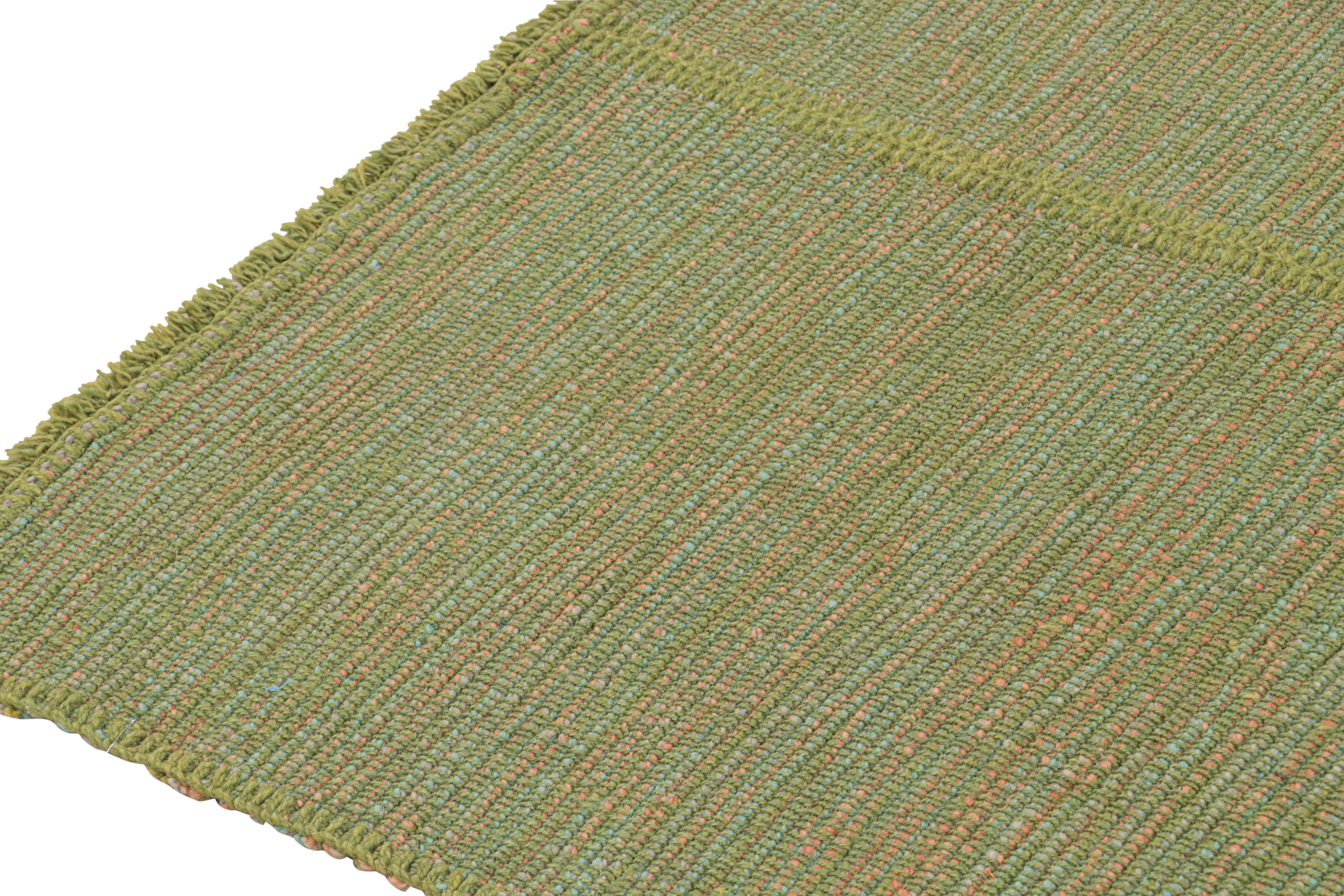 Noué à la main Rug & Kilim’s Contemporary Kilim Rug in Green with Teal and Pink Accents en vente