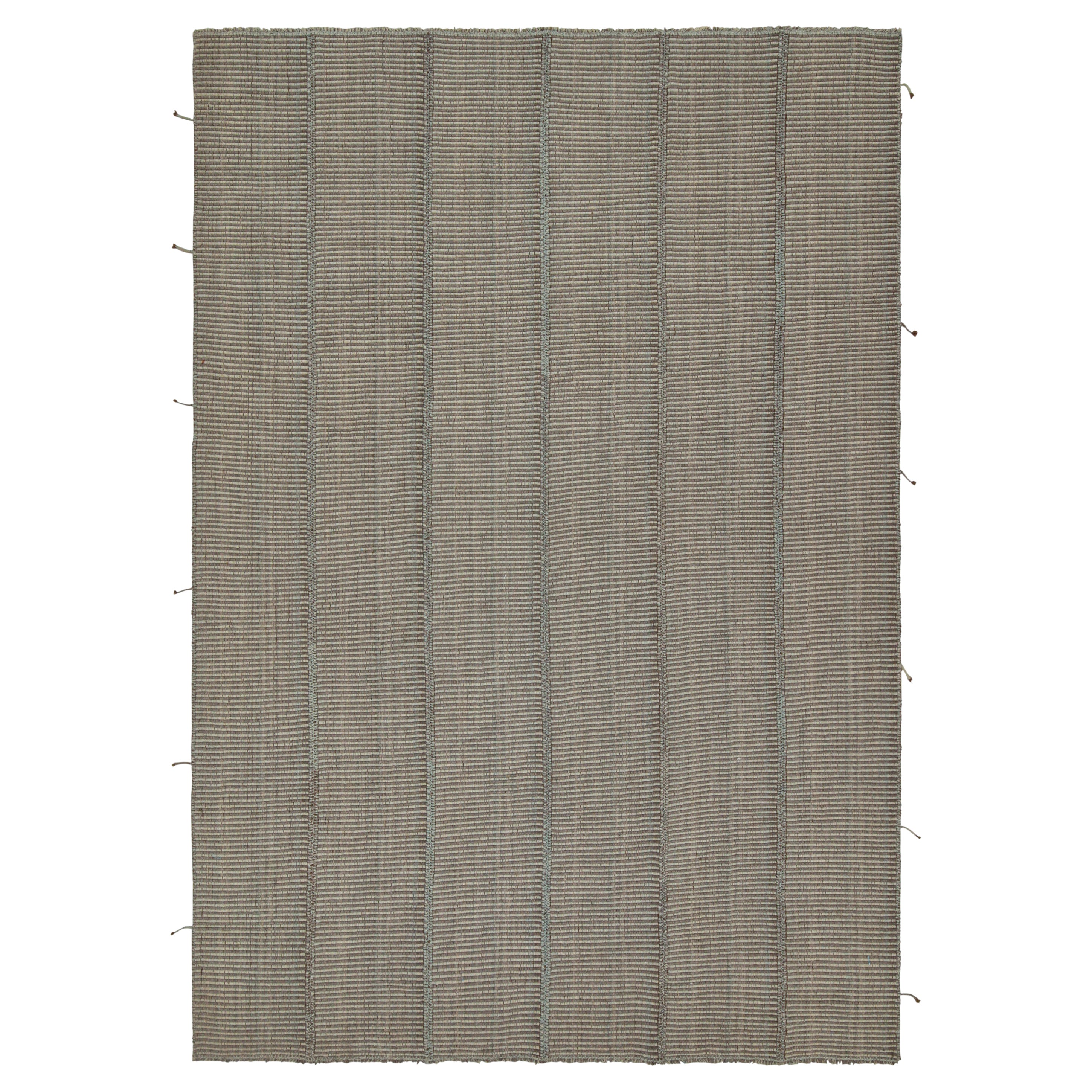 Rug & Kilim’s Contemporary Kilim Rug in Grey and Blue Stripes with Brown Accents For Sale