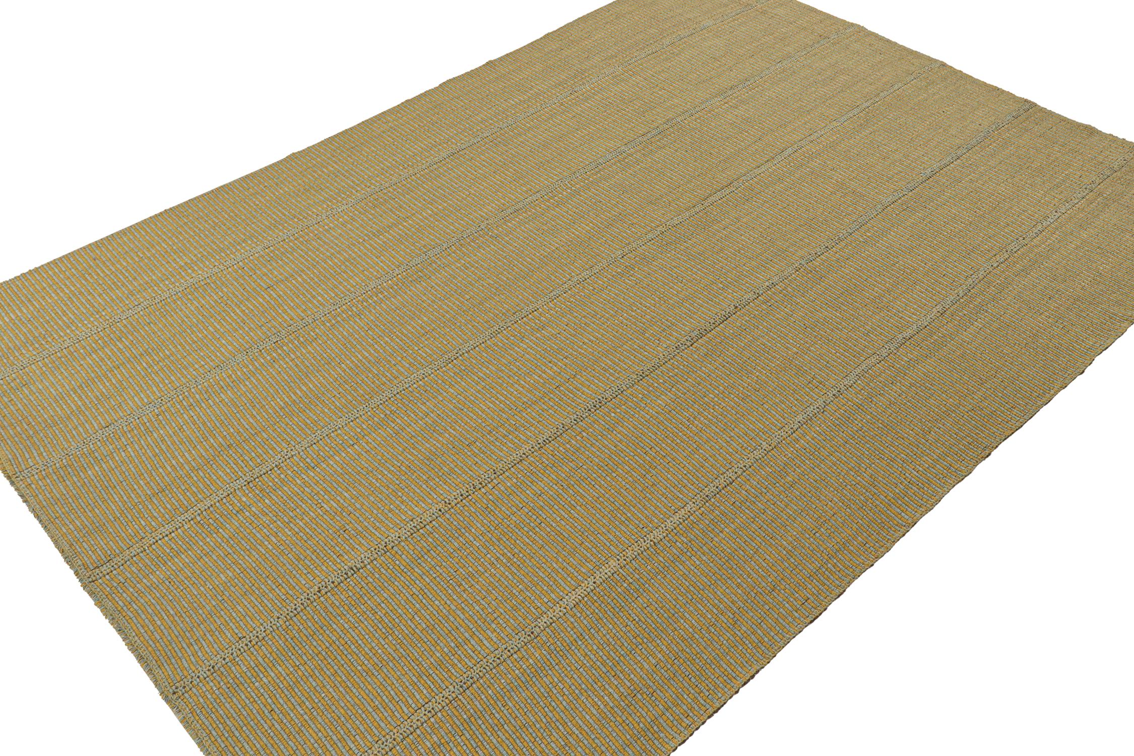 Handwoven in wool, this 10x14 Kilim is from a bold new line of contemporary flatweaves by Rug & Kilim.

Further On the Design:

The “Rez Kilim” connotes a modern take on classic panel weaving. This edition enjoys a play of mustard and sky blue