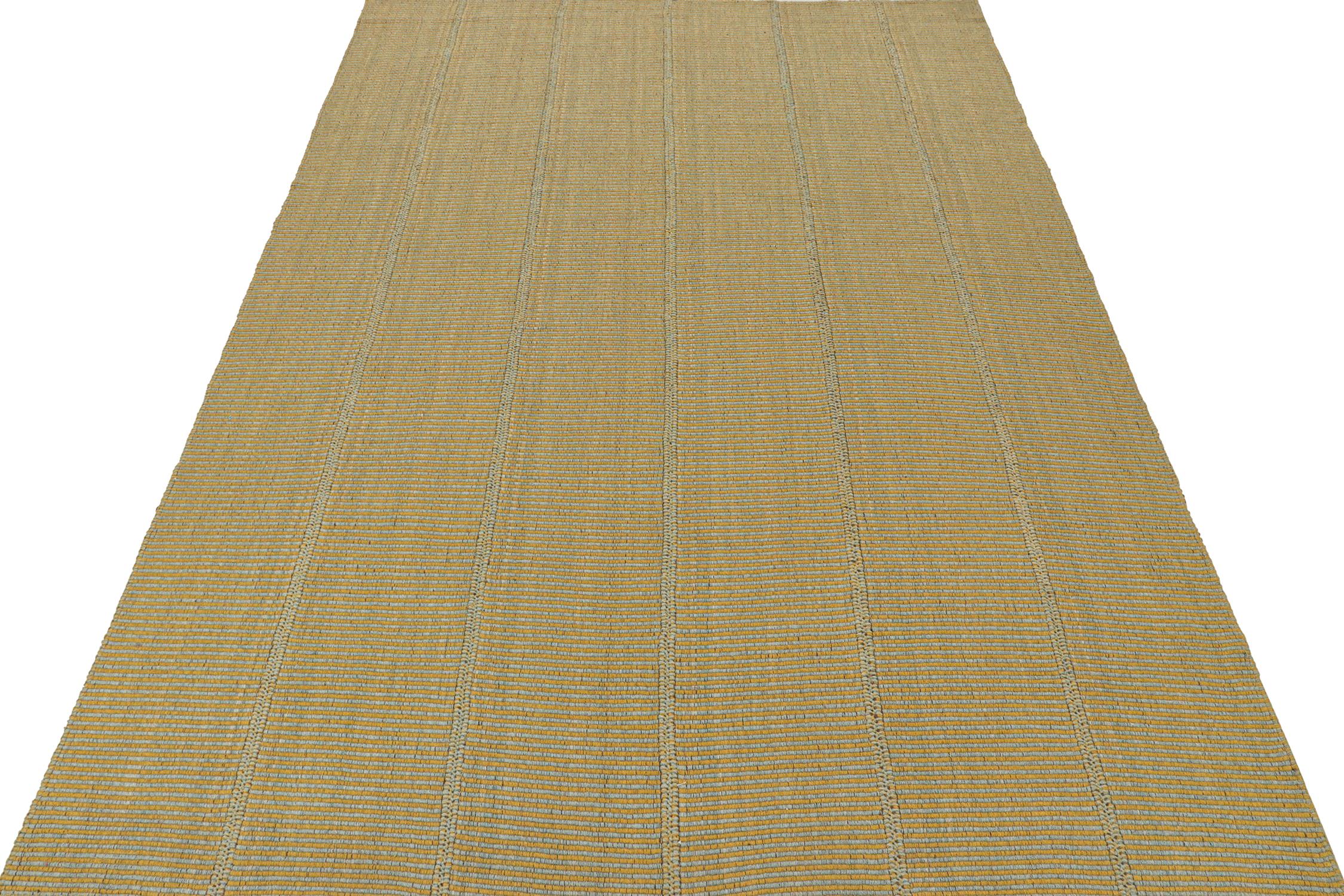 Modern Rug & Kilim’s Contemporary Kilim Rug in Mustard with Sky Blue Stripes For Sale