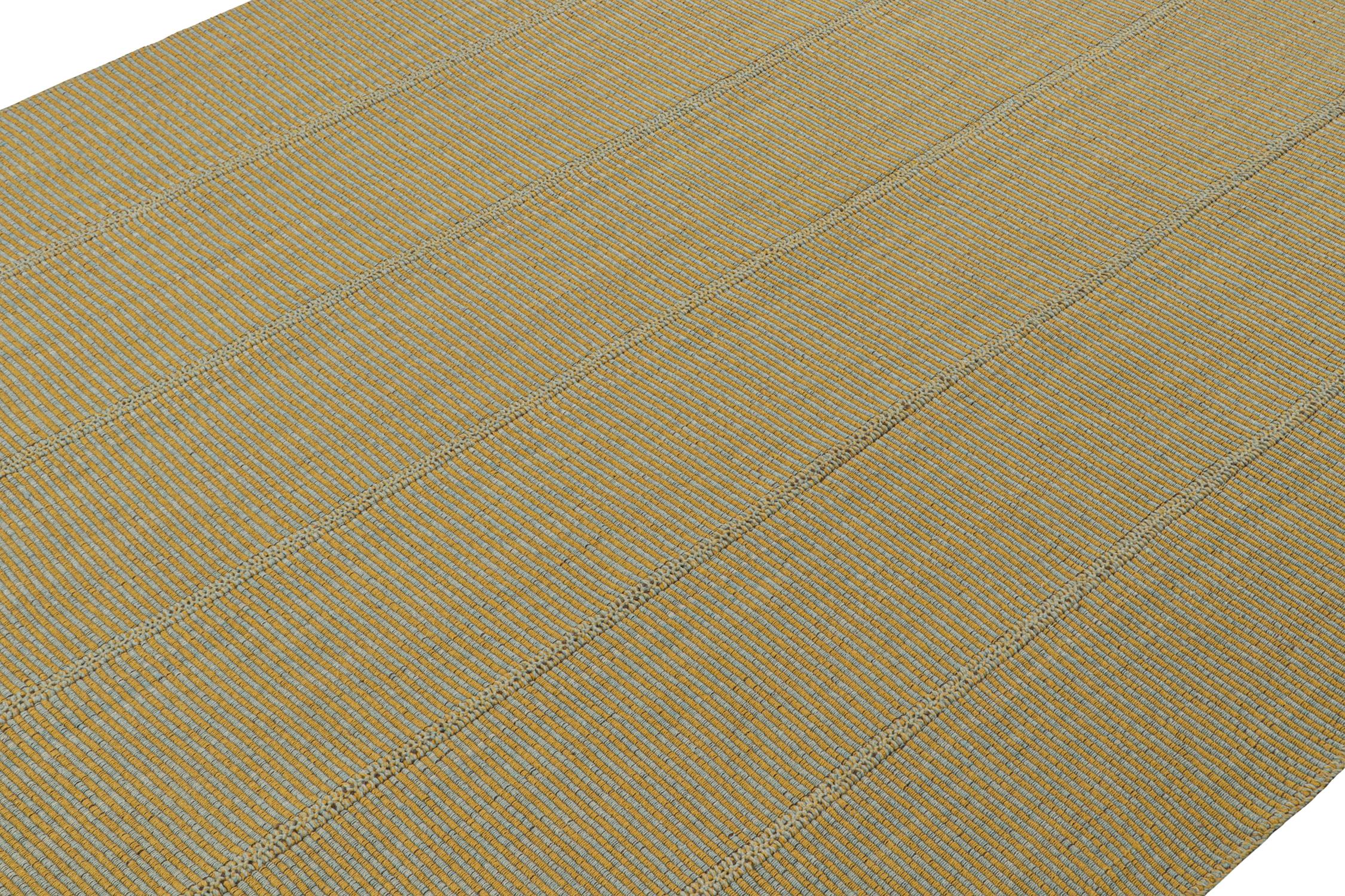 Perse Rug & Kilim’s Contemporary Kilim Rug in Mustard with Sky Blue Stripes en vente