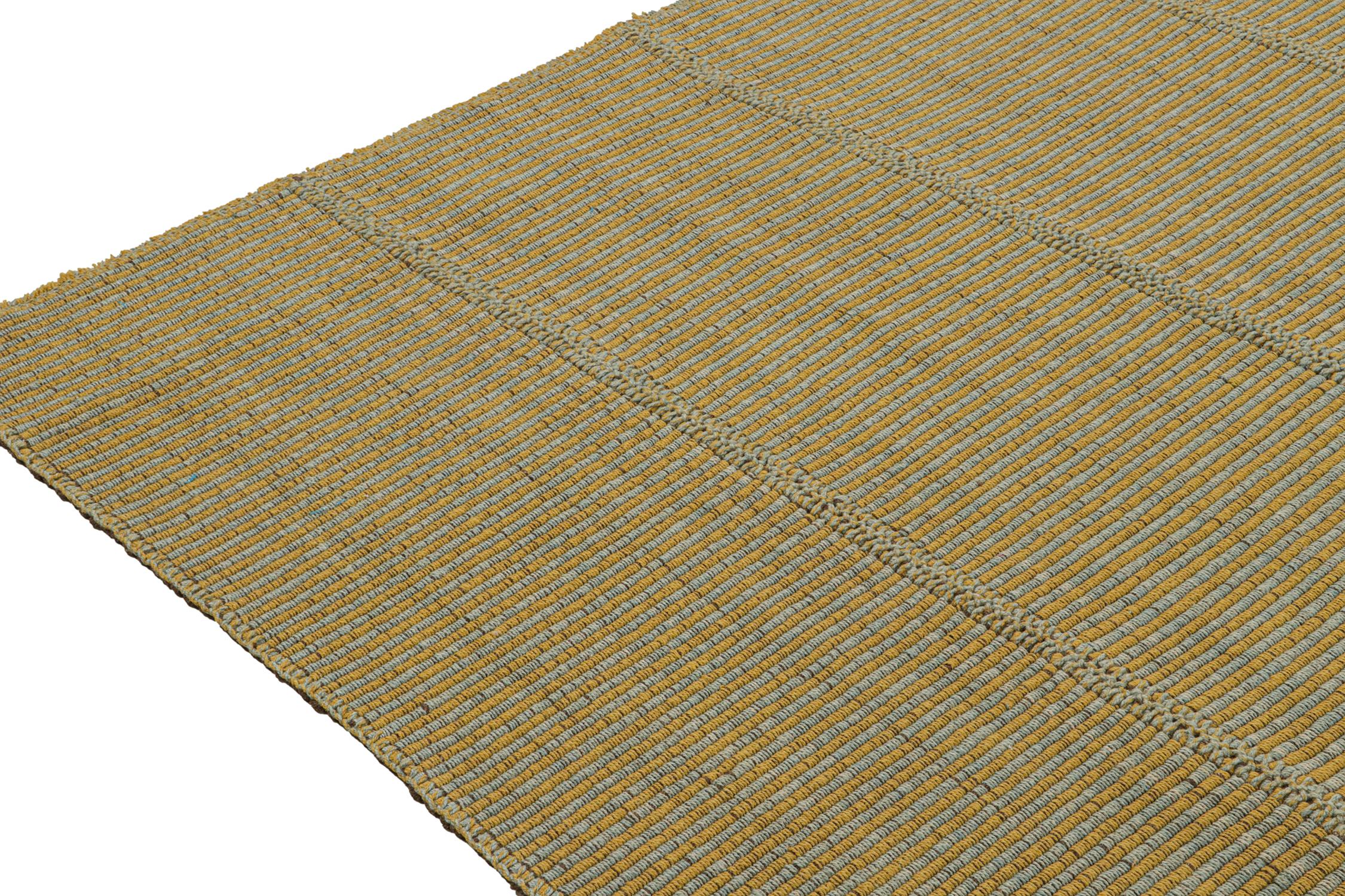 Hand-Knotted Rug & Kilim’s Contemporary Kilim Rug in Mustard with Sky Blue Stripes For Sale