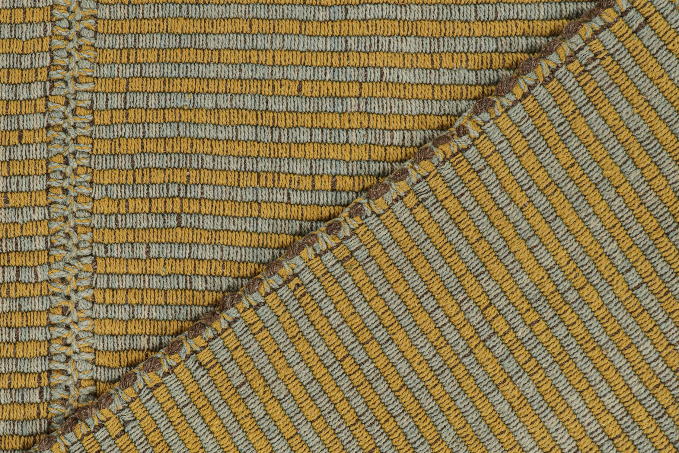Wool Rug & Kilim’s Contemporary Kilim Rug in Mustard with Sky Blue Stripes For Sale