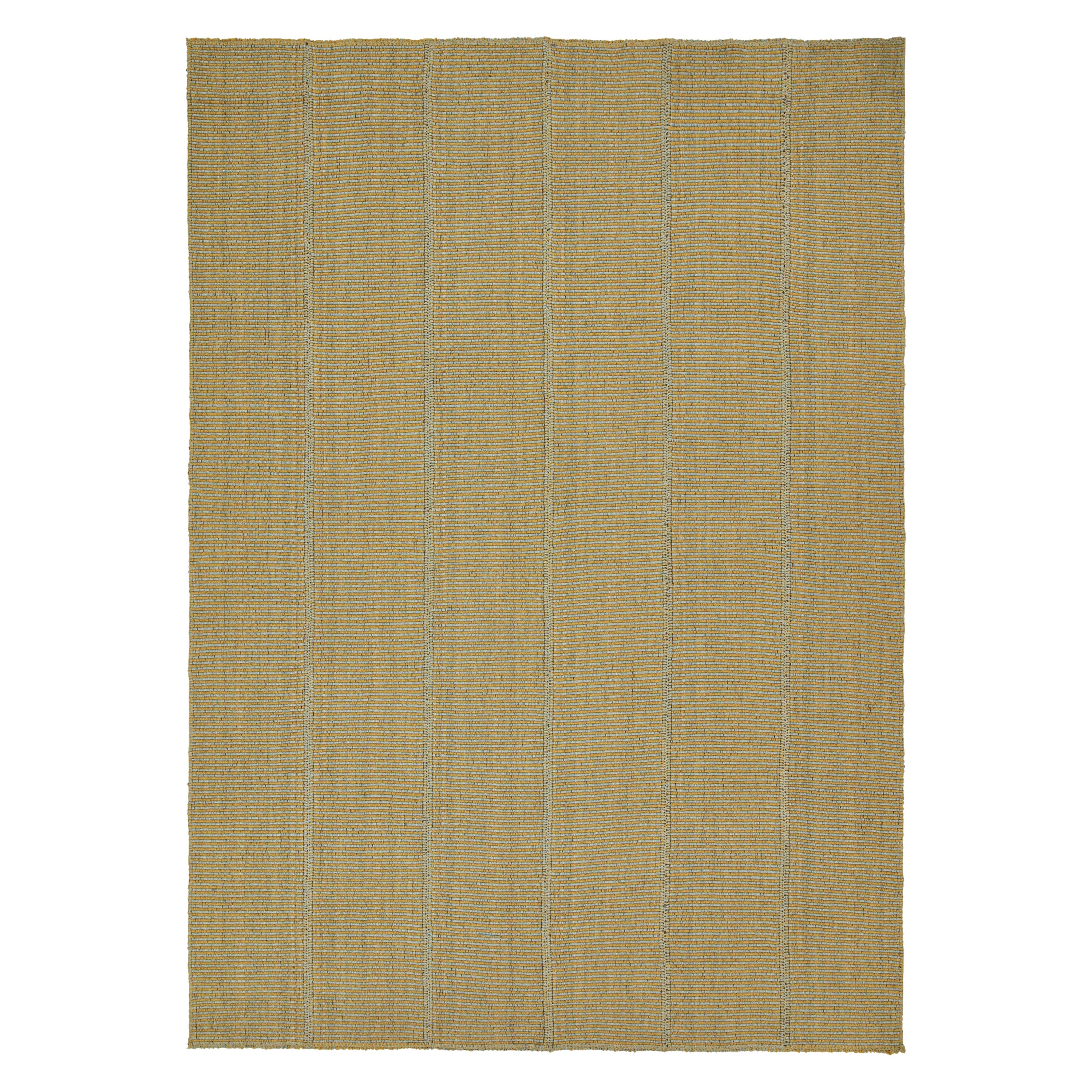 Rug & Kilim’s Contemporary Kilim Rug in Mustard with Sky Blue Stripes For Sale