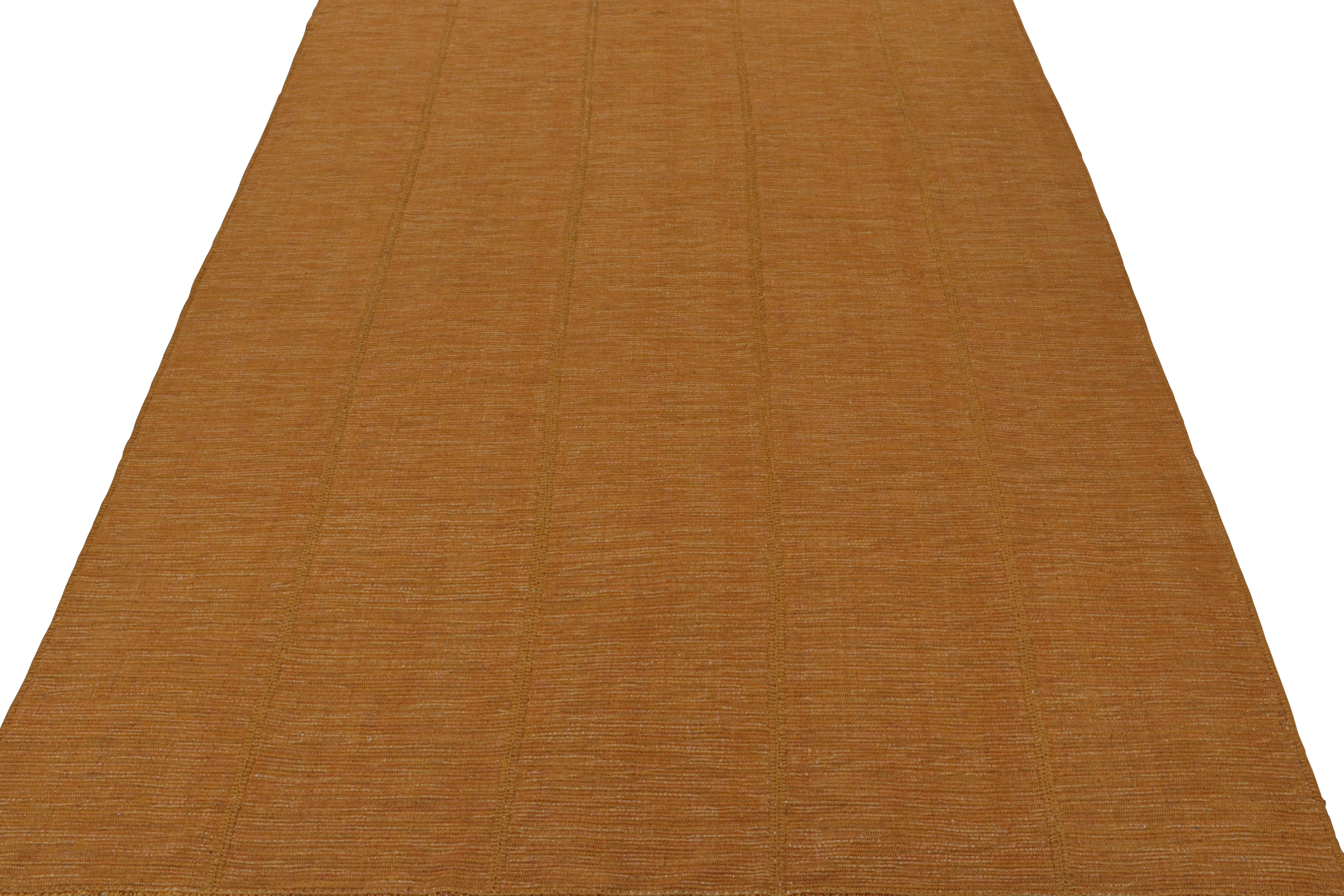 Handwoven in wool, this 9x12 Kilim is from a bold new line of contemporary flatweaves by Rug & Kilim.
Further On the Design:

The “Rez Kilim” connotes a modern take on classic panel weaving. This edition enjoys ochre tones with bright pink and beige