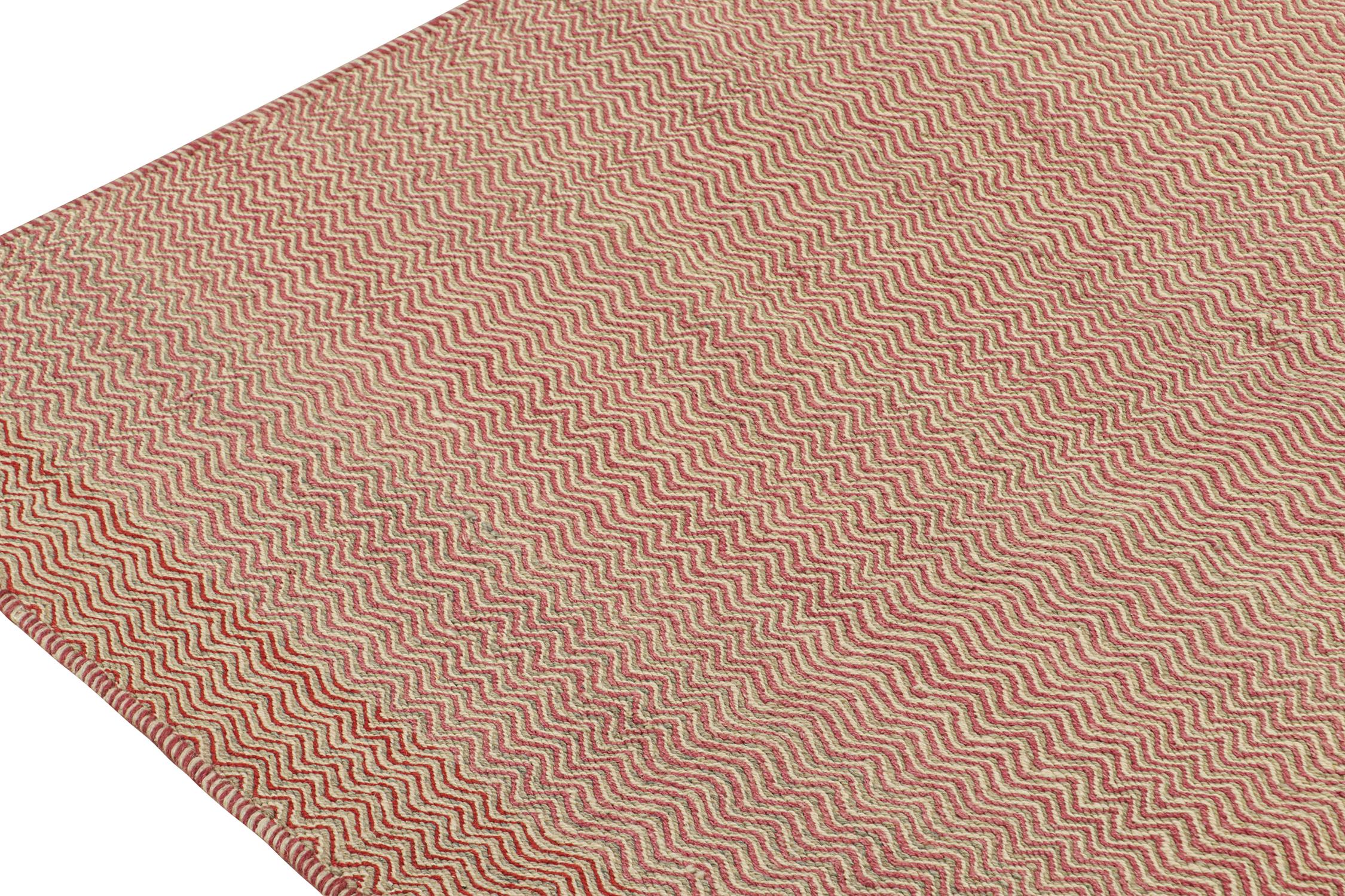 Hand-Knotted Rug & Kilim’s Contemporary Kilim Rug in Pink and Beige Chevrons For Sale