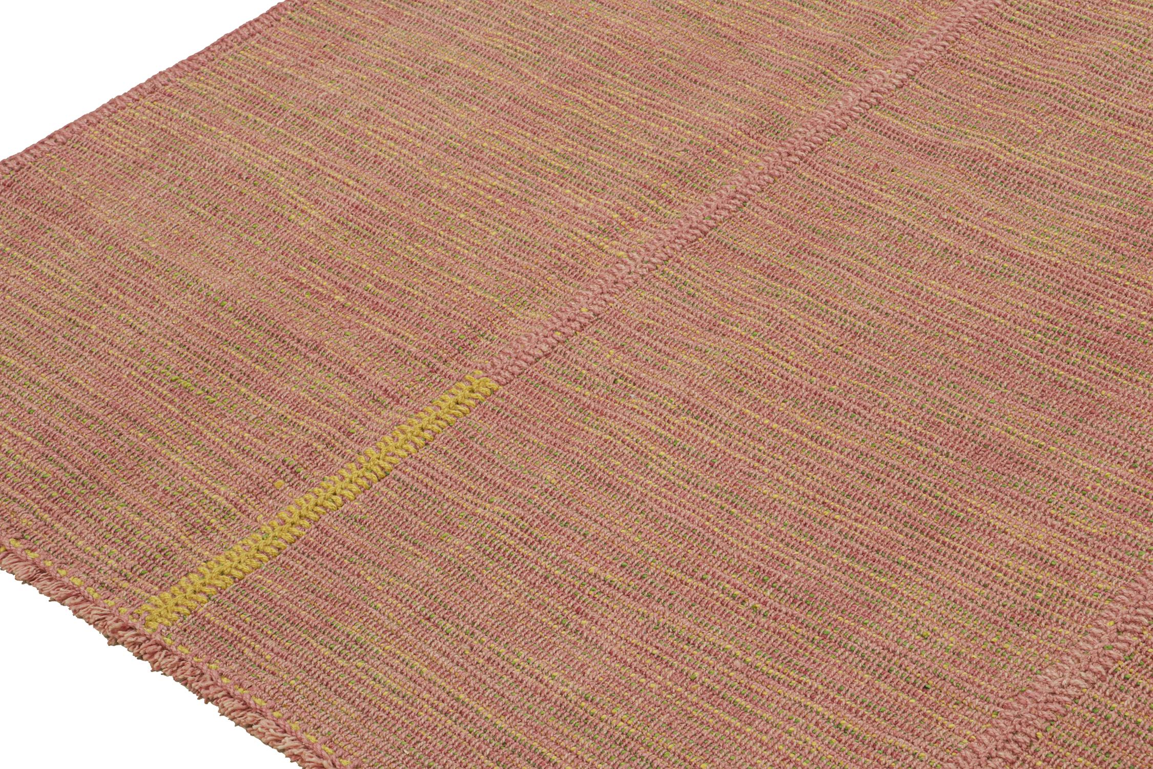 Hand-Knotted Rug & Kilim’s Contemporary Kilim Rug in Pink with Gold and Chartreuse Accents For Sale