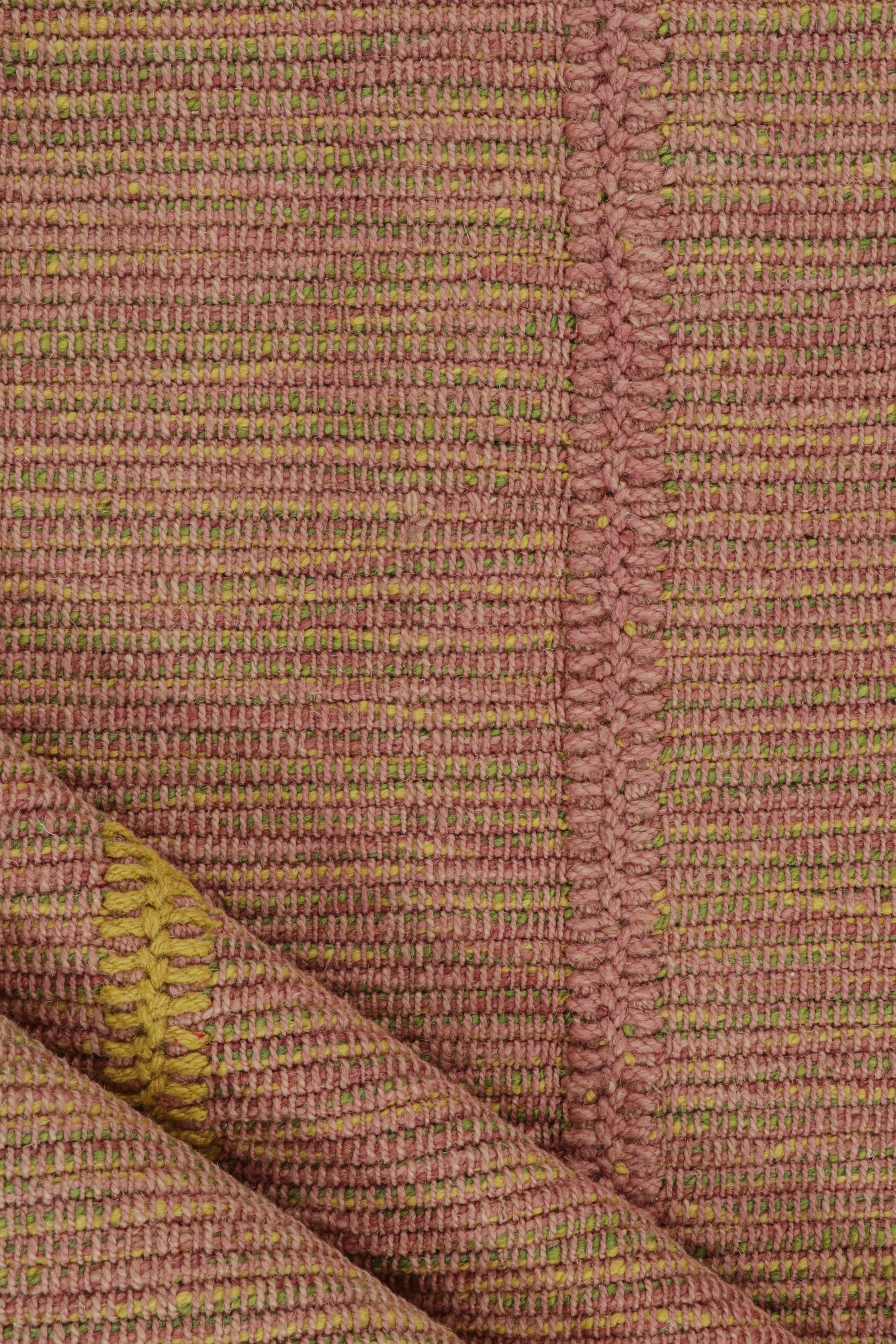 Wool Rug & Kilim’s Contemporary Kilim Rug in Pink with Gold and Chartreuse Accents For Sale