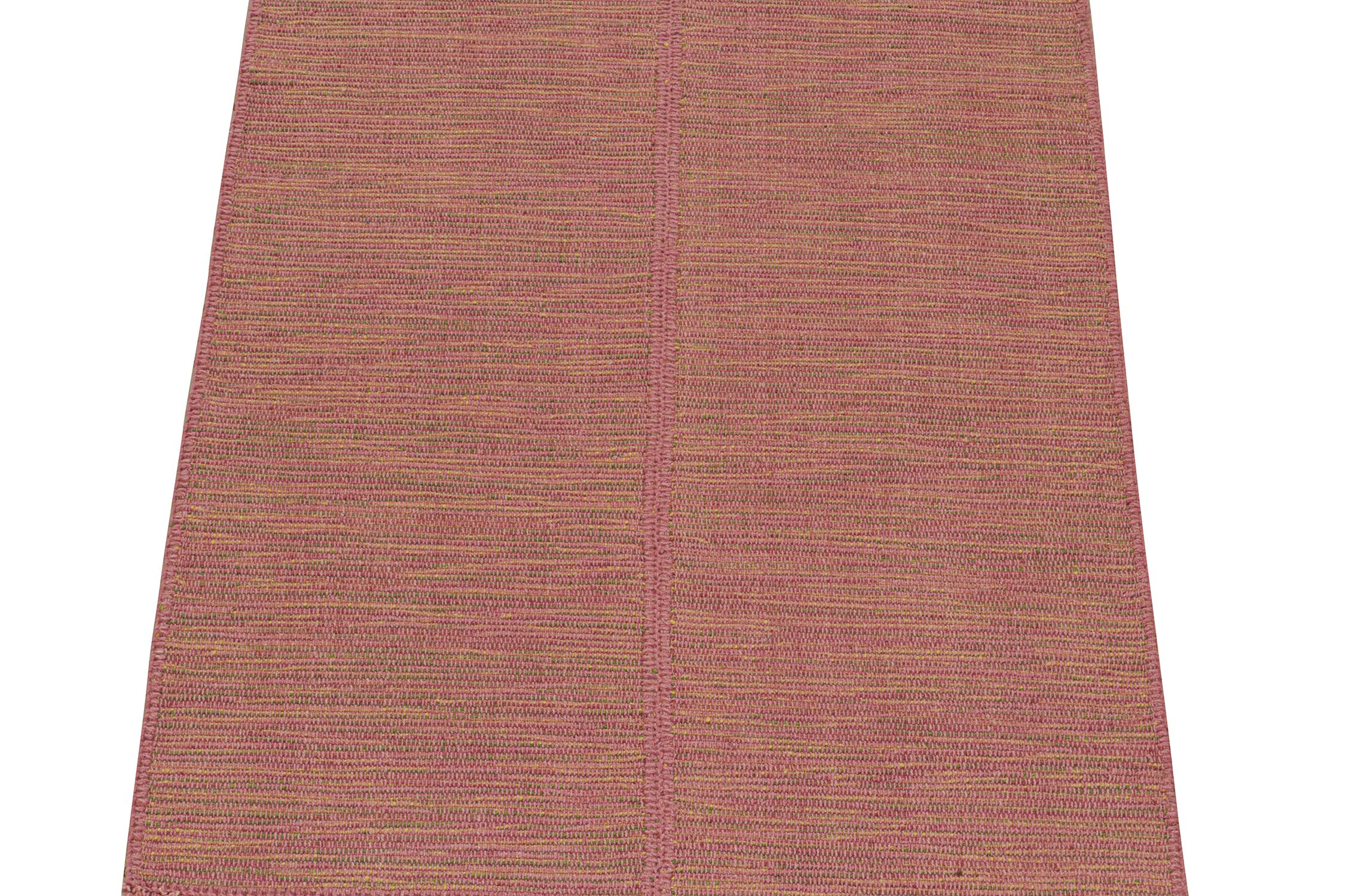 Handwoven in wool, this 4x5 Kilim is from a bold new line of contemporary flatweaves by Rug & Kilim.
Further On the Design:

The “Rez Kilim” connotes a modern take on classic panel weaving. This edition enjoys bright tones of pink with yellow and