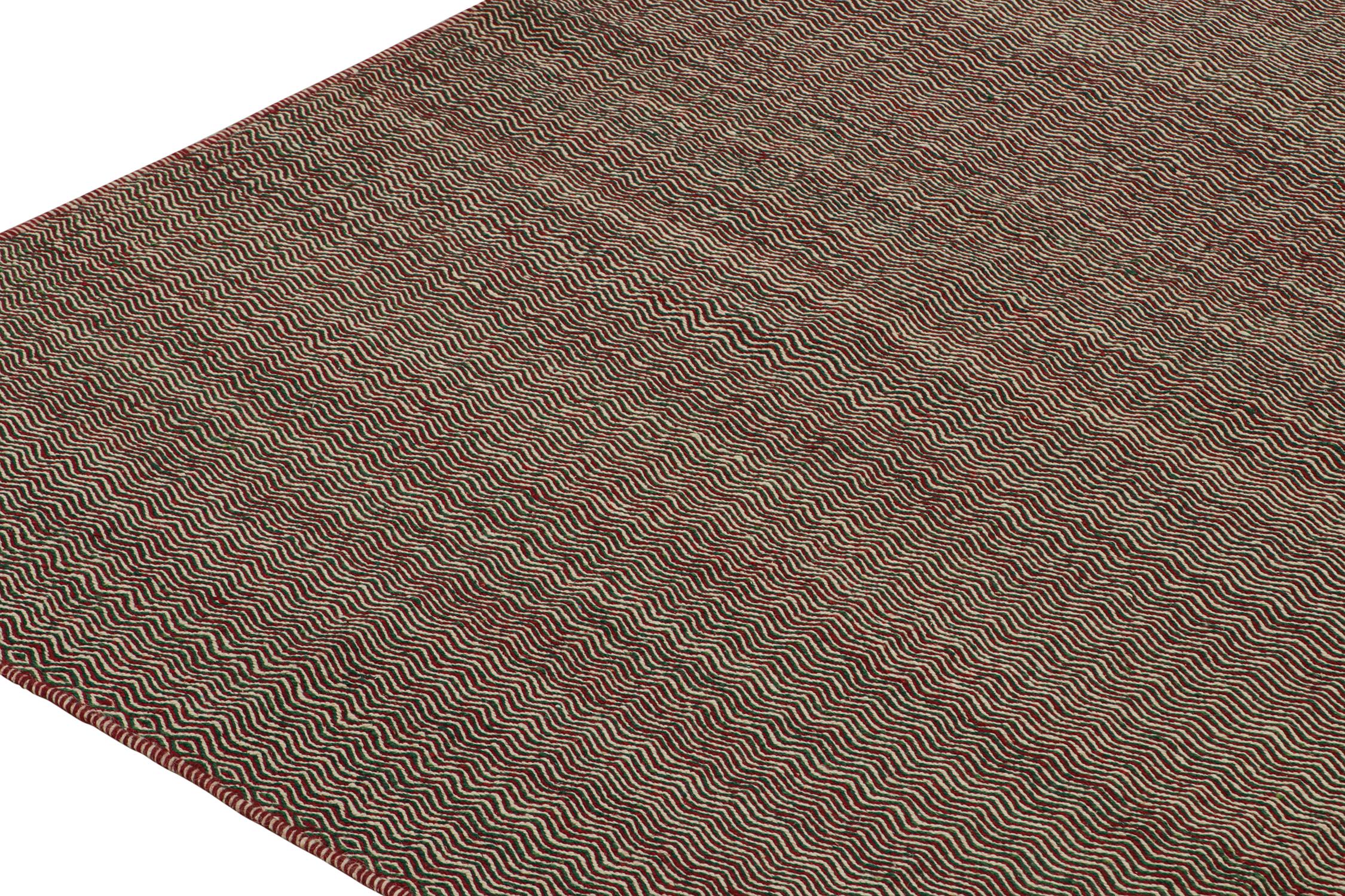 Hand-Knotted Rug & Kilim’s Contemporary Kilim Rug in Red, Green, and White Chevrons For Sale
