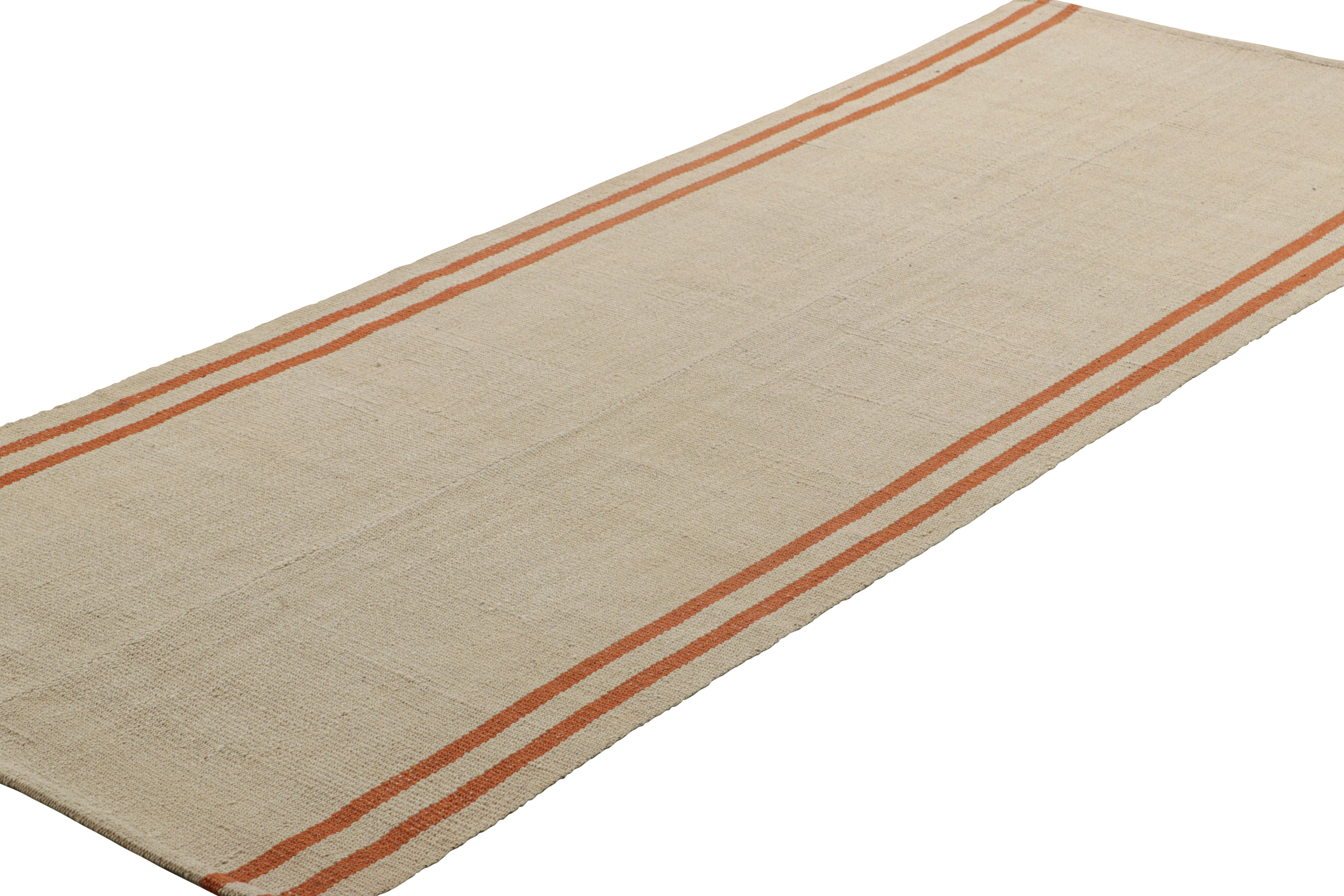 Modern Rug & Kilim’s Contemporary Kilim Runner Rug in Beige with Orange Stripes For Sale