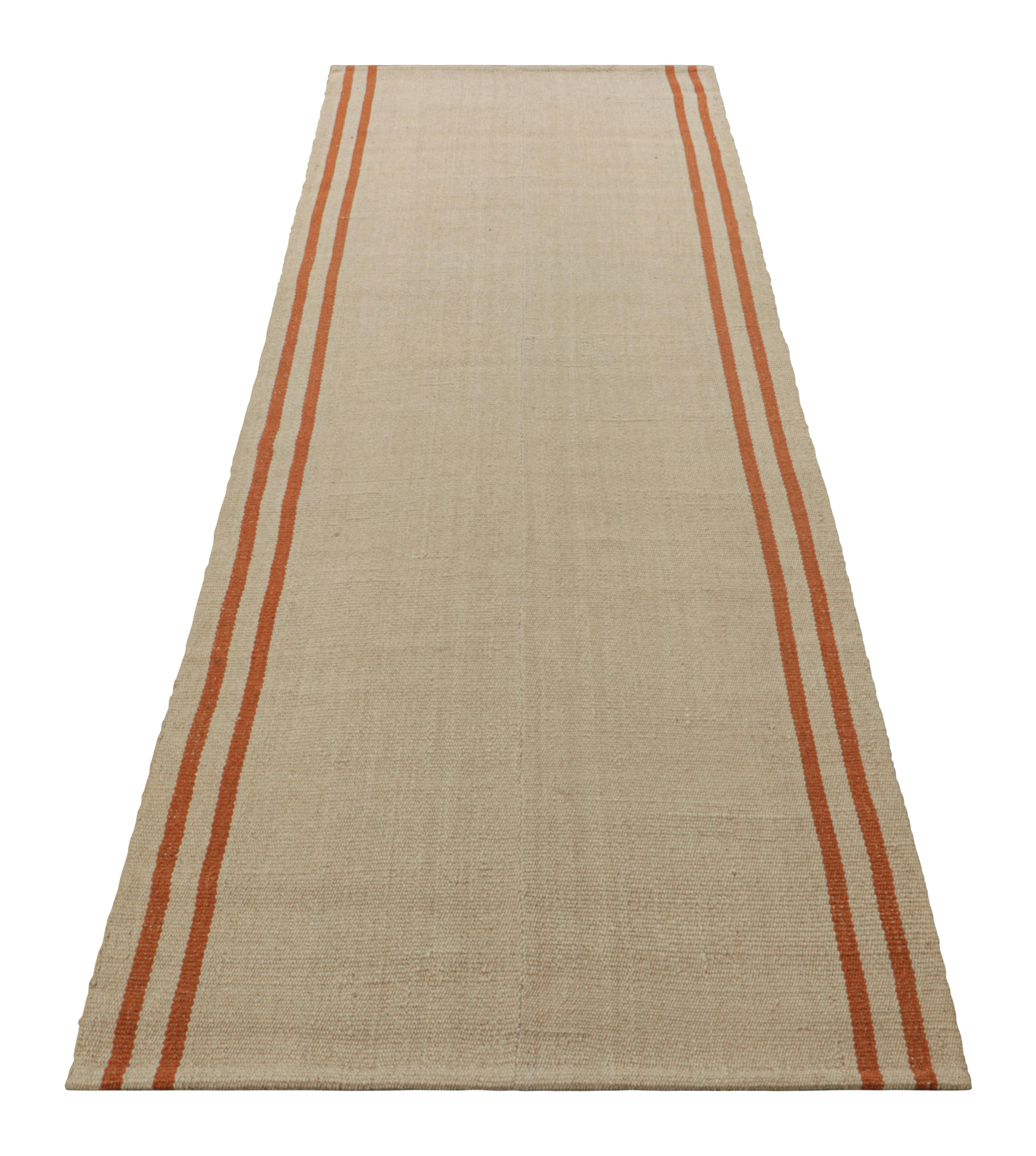Indian Rug & Kilim’s Contemporary Kilim Runner Rug in Beige with Orange Stripes For Sale