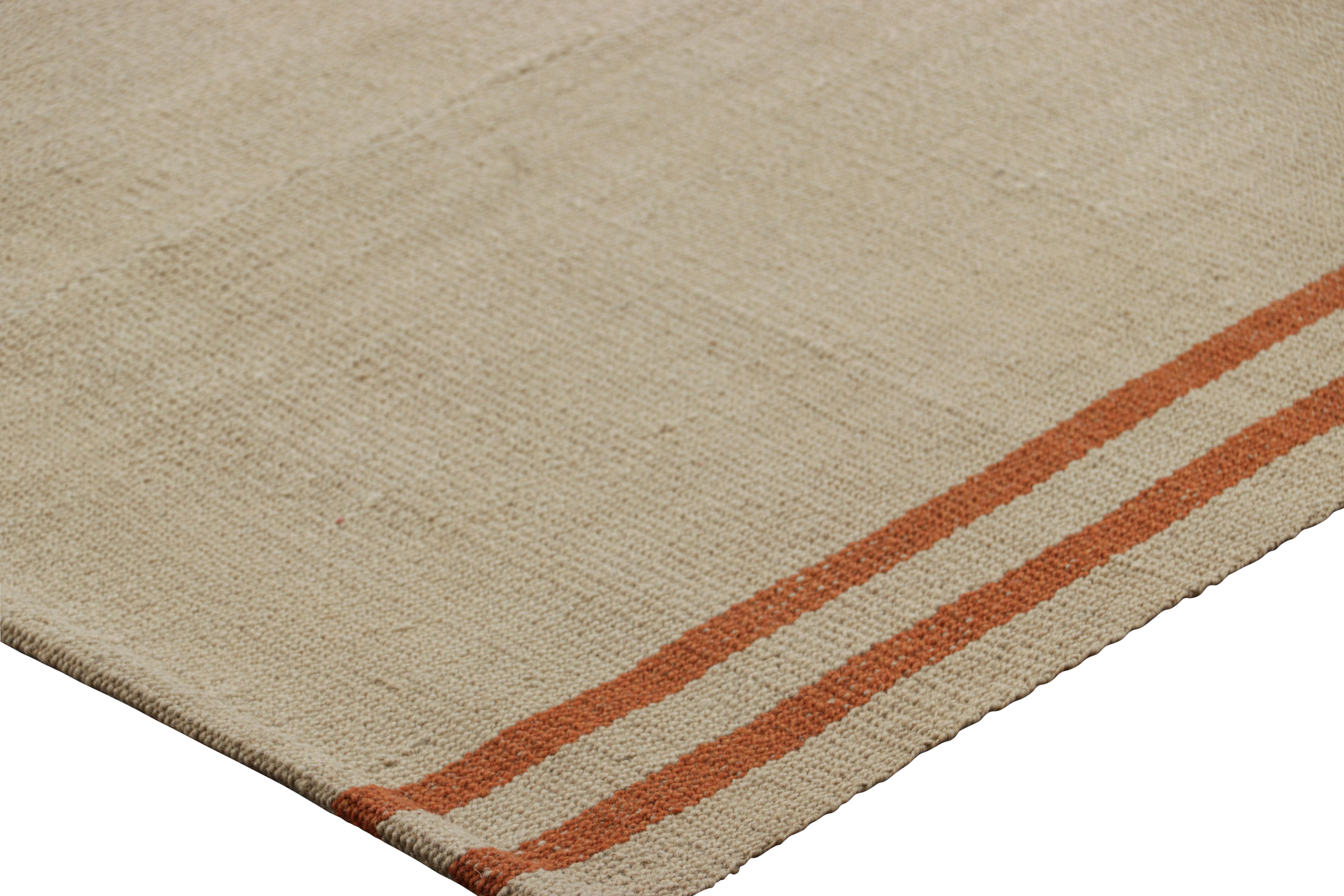 Hand-Woven Rug & Kilim’s Contemporary Kilim Runner Rug in Beige with Orange Stripes For Sale