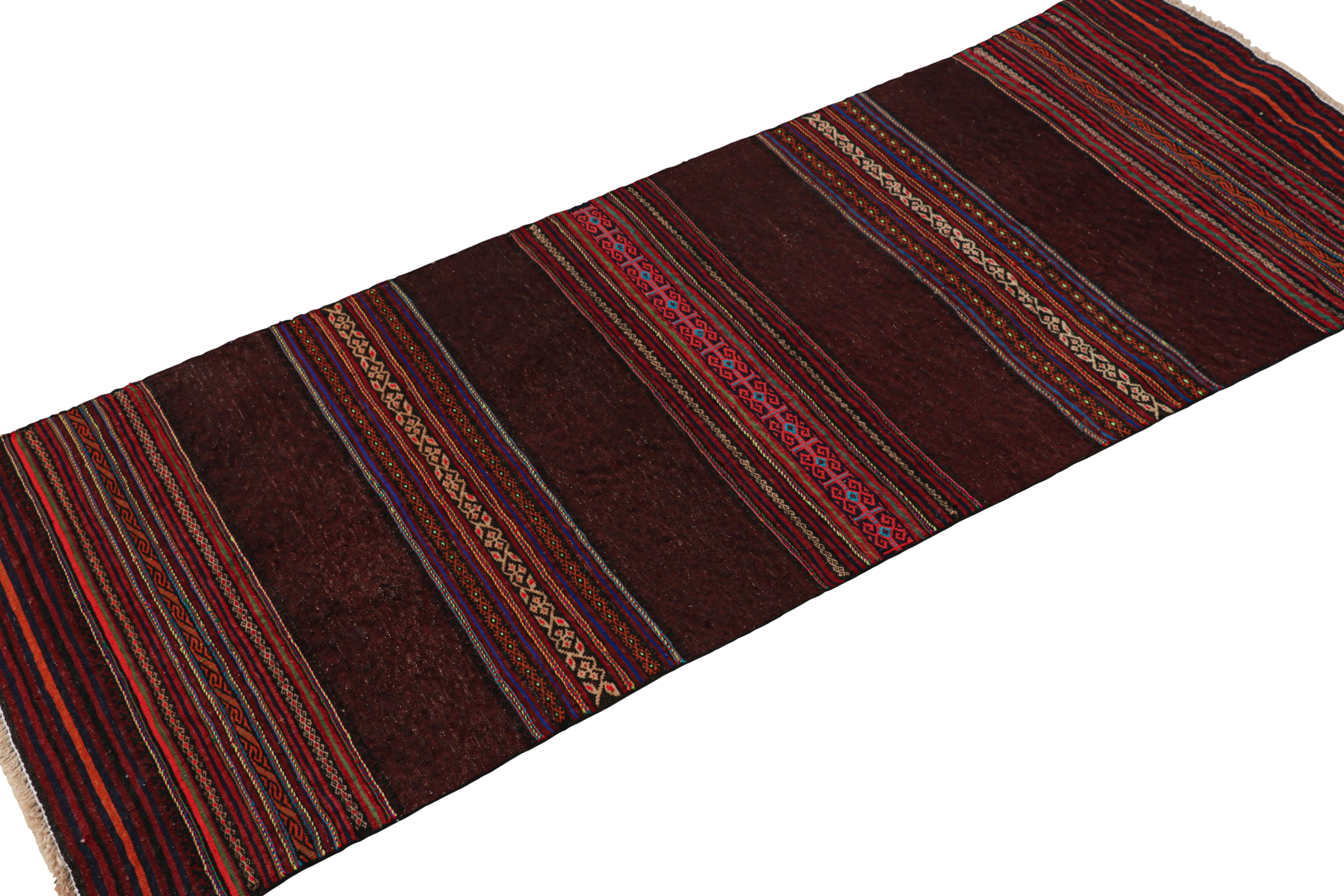 Afghan Rug & Kilim’s Contemporary Kilim Runner Rug in Burgundy with Geometric Stripes For Sale