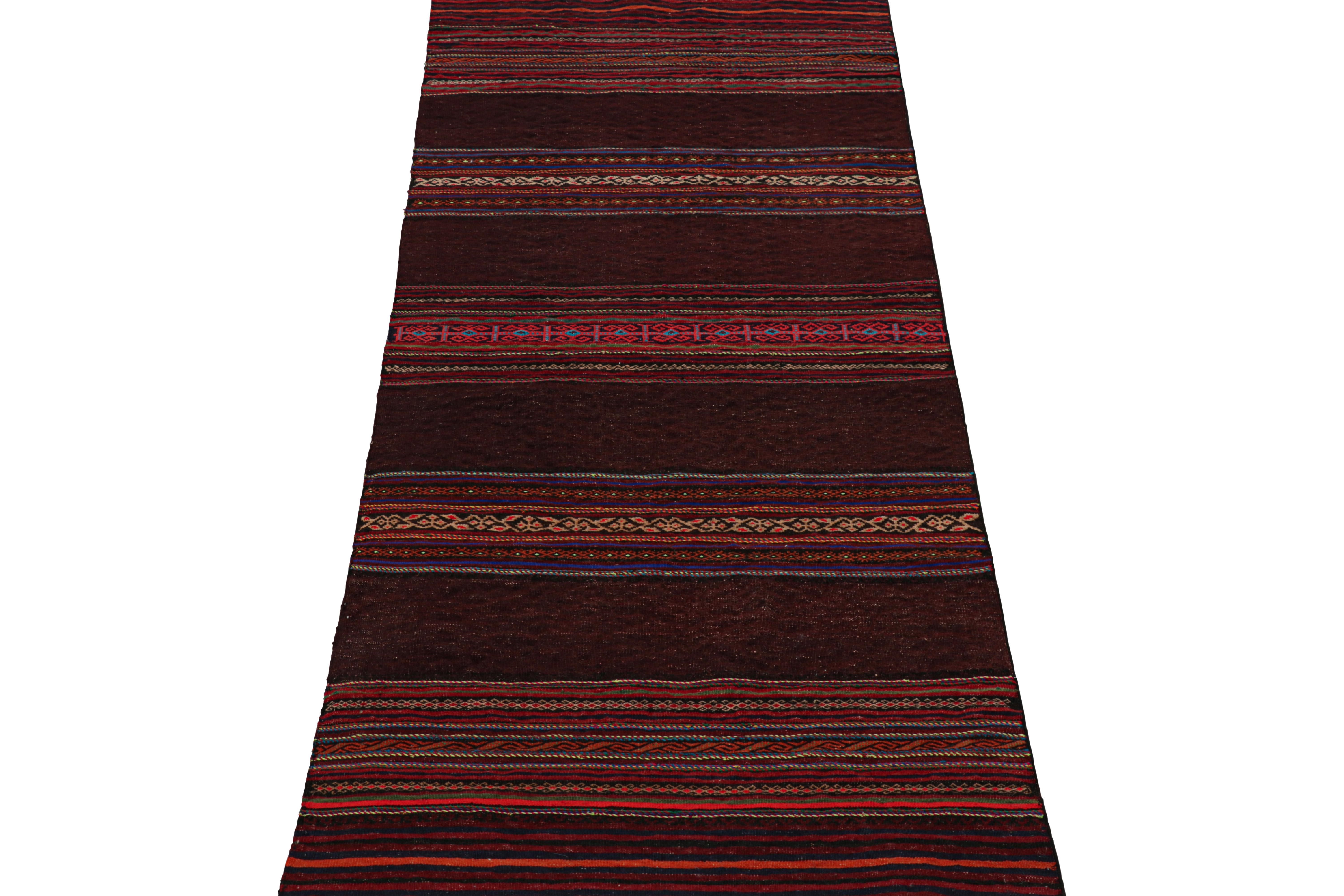 Hand-Woven Rug & Kilim’s Contemporary Kilim Runner Rug in Burgundy with Geometric Stripes For Sale