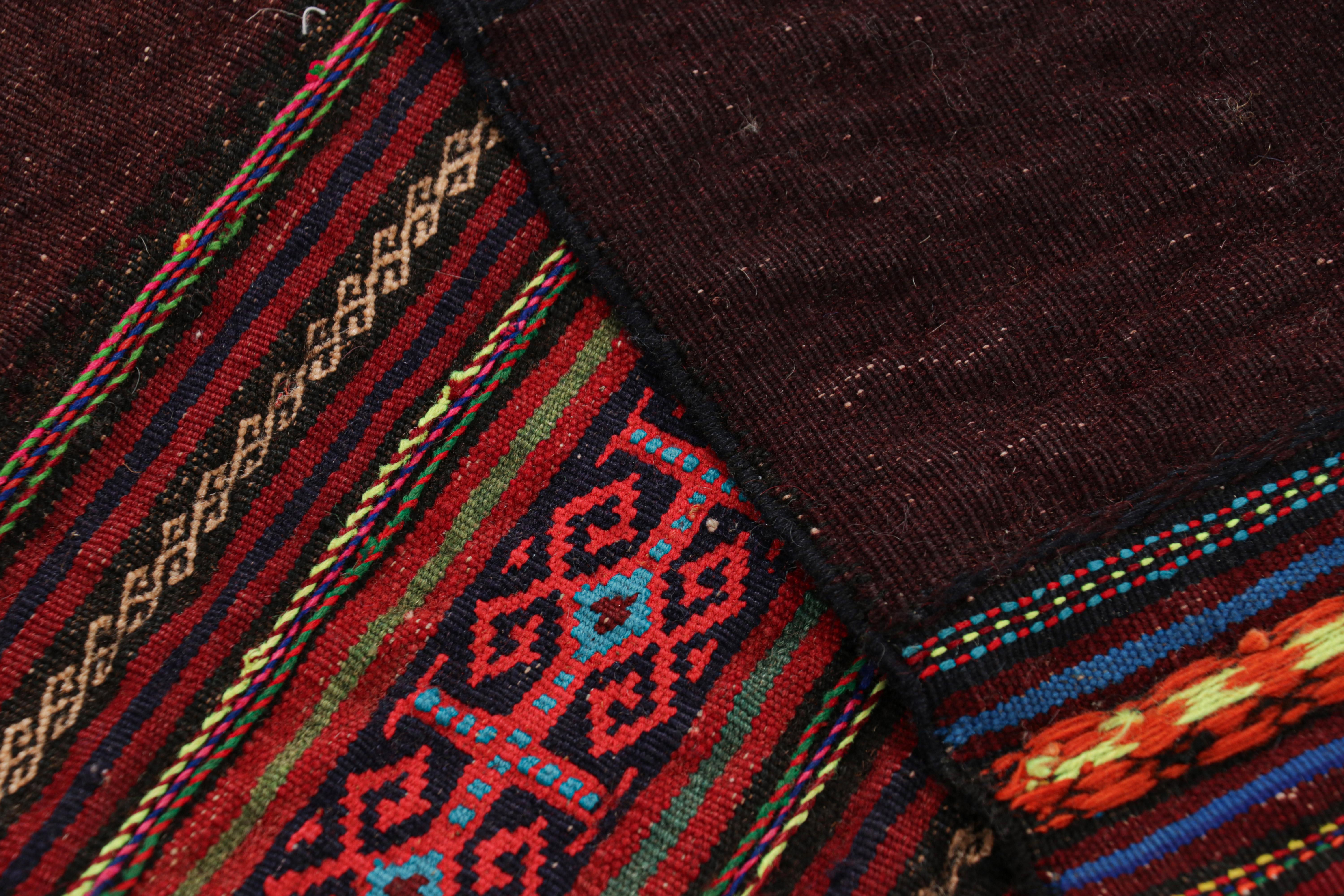 Wool Rug & Kilim’s Contemporary Kilim Runner Rug in Burgundy with Geometric Stripes For Sale