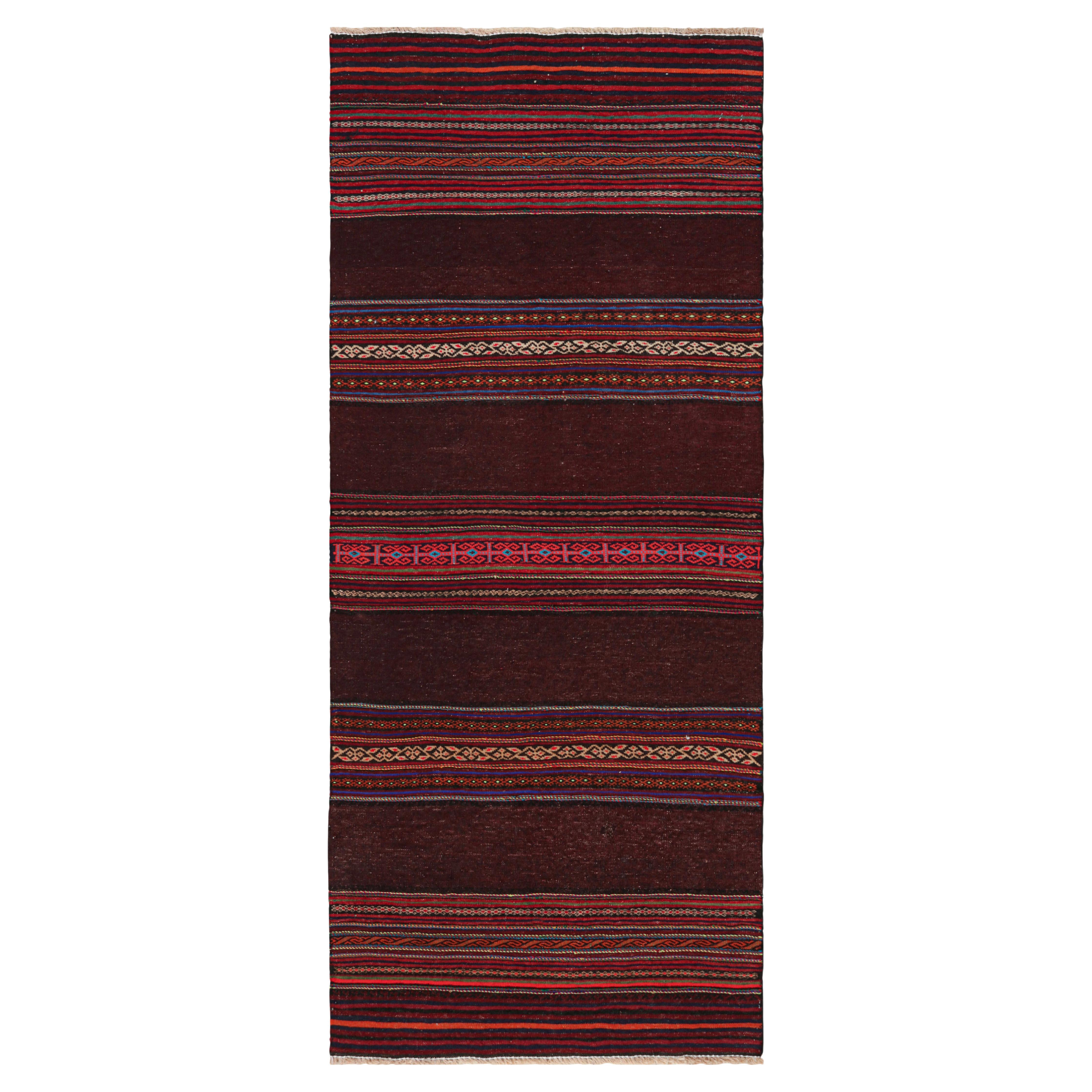 Rug & Kilim’s Contemporary Kilim Runner Rug in Burgundy with Geometric Stripes