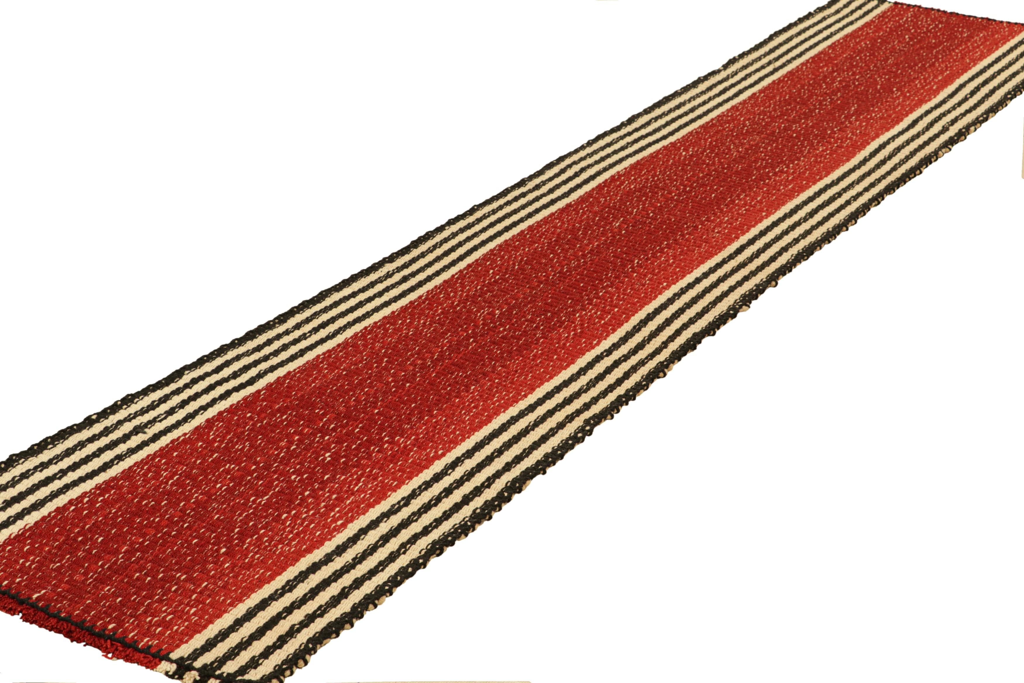 Afghan Rug & Kilim’s Contemporary Kilim Runner Rug in Red with Beige and Black Stripes For Sale
