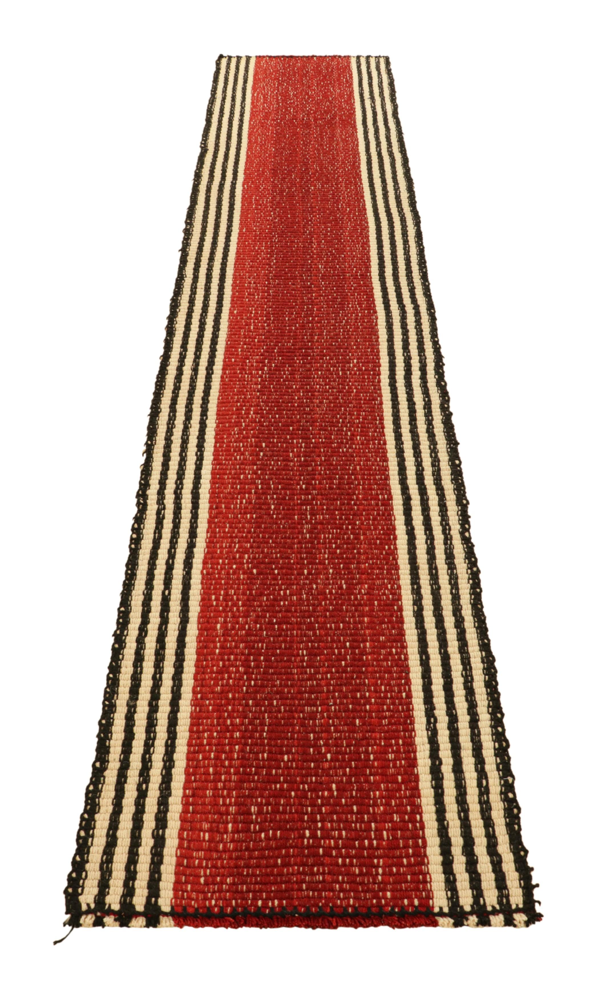 Hand-Knotted Rug & Kilim’s Contemporary Kilim Runner Rug in Red with Beige and Black Stripes For Sale